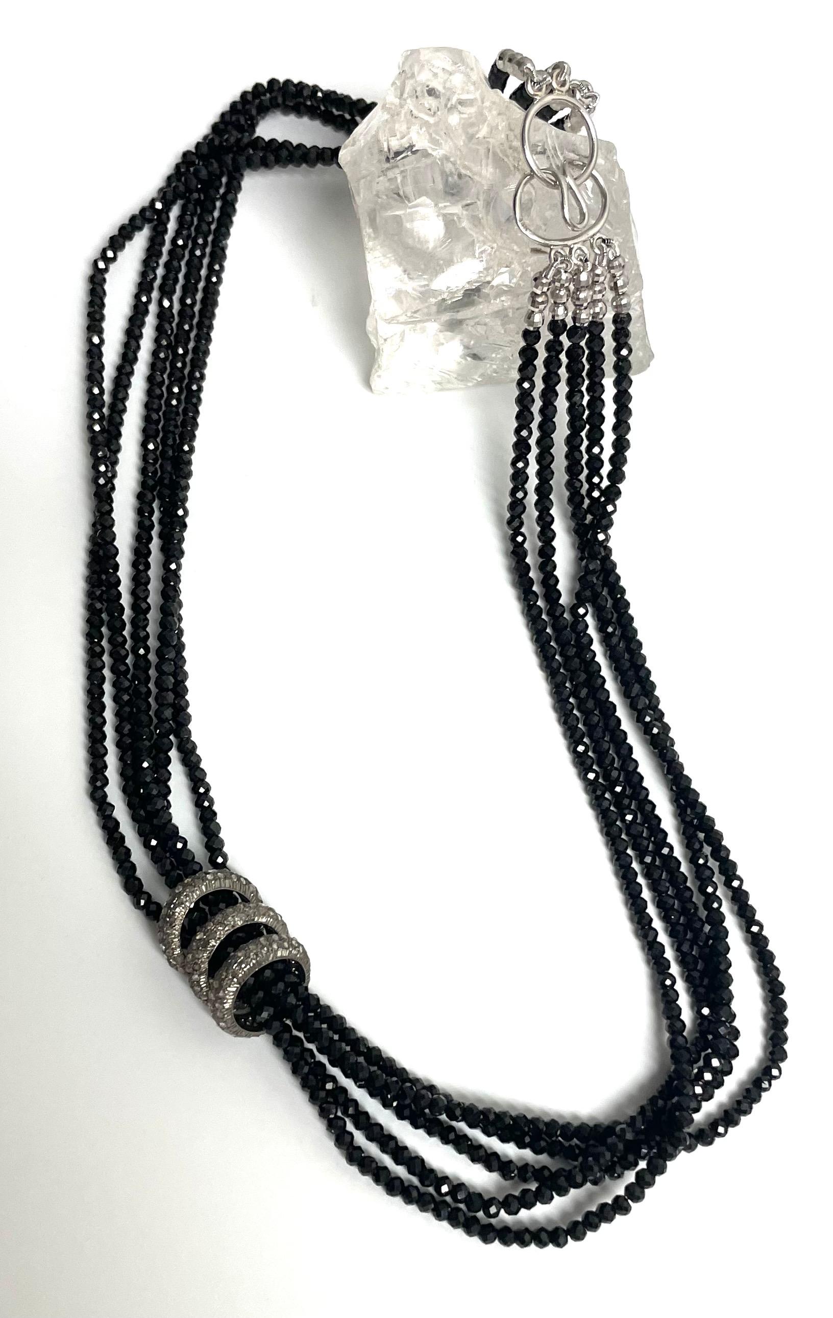 Artisan Black Spinel with Floating Pave Diamond Rings 5 Strand Necklace For Sale