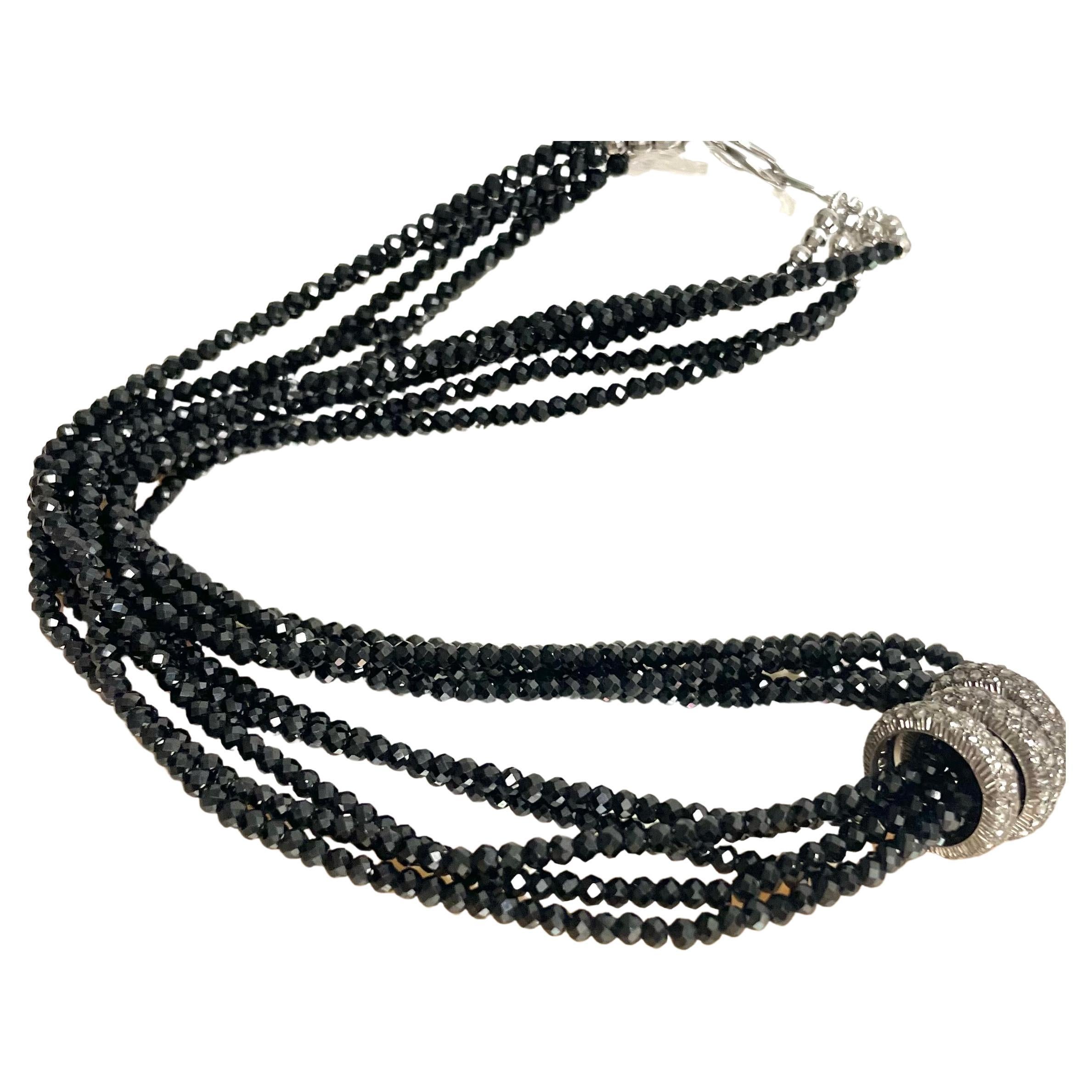 Bead Black Spinel with Floating Pave Diamond Rings 5 Strand Necklace For Sale