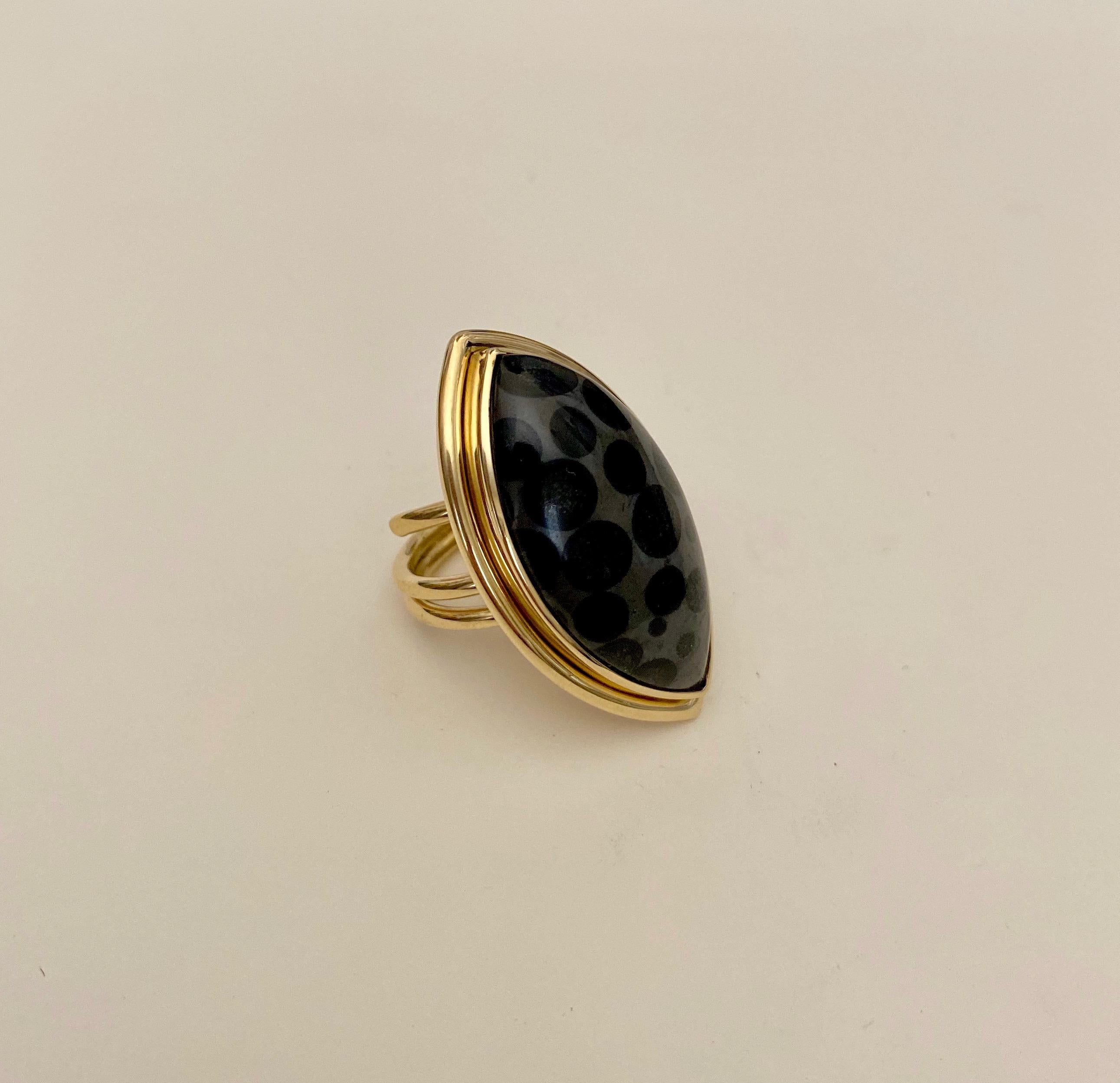 Contemporary Black Spotted Fossilized Coral 18 Karat Yellow Gold Spring Ring