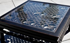 Black Square Asian Coffee Table with Antique Lattice Screen