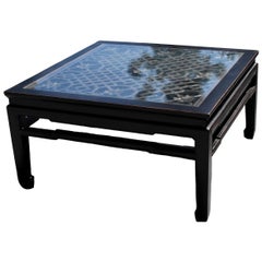 Black Square Asian Coffee Table with Antique Lattice Screen