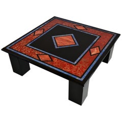 Black Square Coffee Table Inlaid Slate Top Four Slate Columns Handmade in Italy