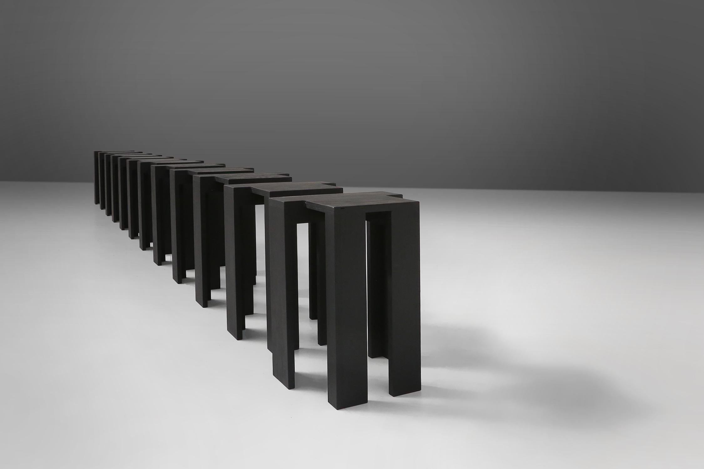 Belgium / 2017 / Bram Vanderbeke / 12 stools / pine plywood / modern

These sleek black stackable stools are designed by the Belgium designer Bram Vanderbeke in 2017 and are the perfect addition to any contemporary interior. The black stools are