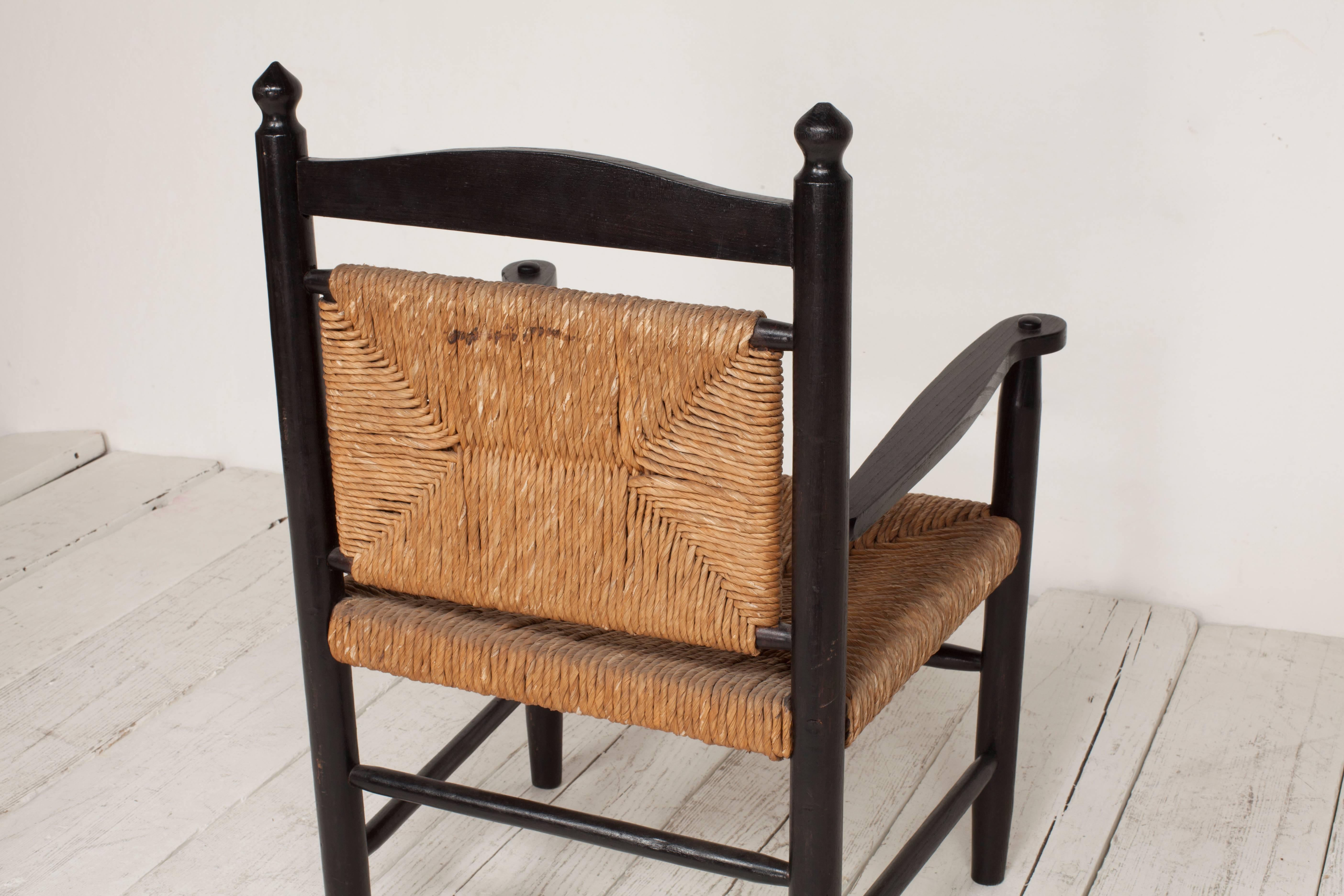Black Stained Exposed Frame Armed Side Chair with Rush Seat and Back 6
