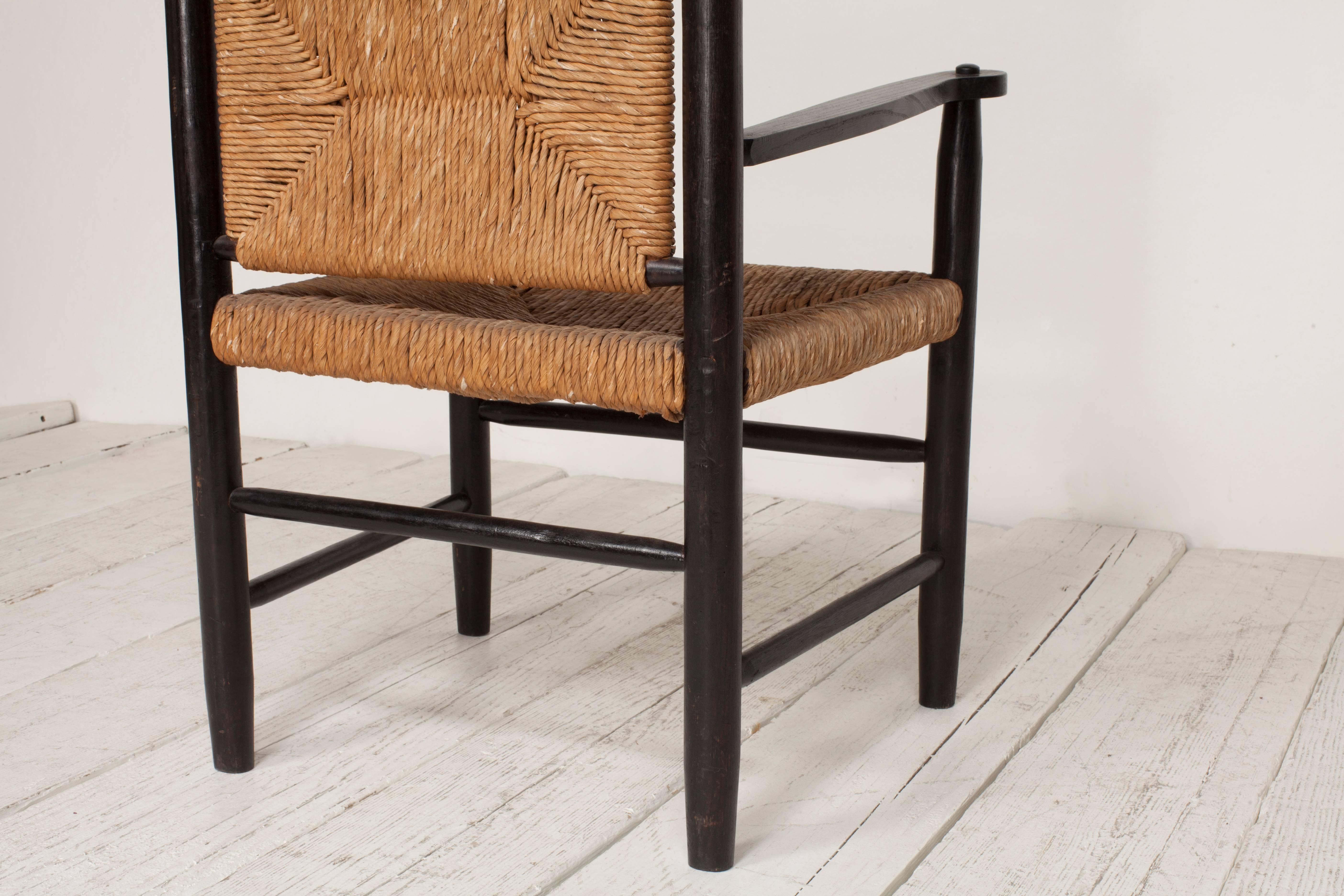 Black Stained Exposed Frame Armed Side Chair with Rush Seat and Back 7