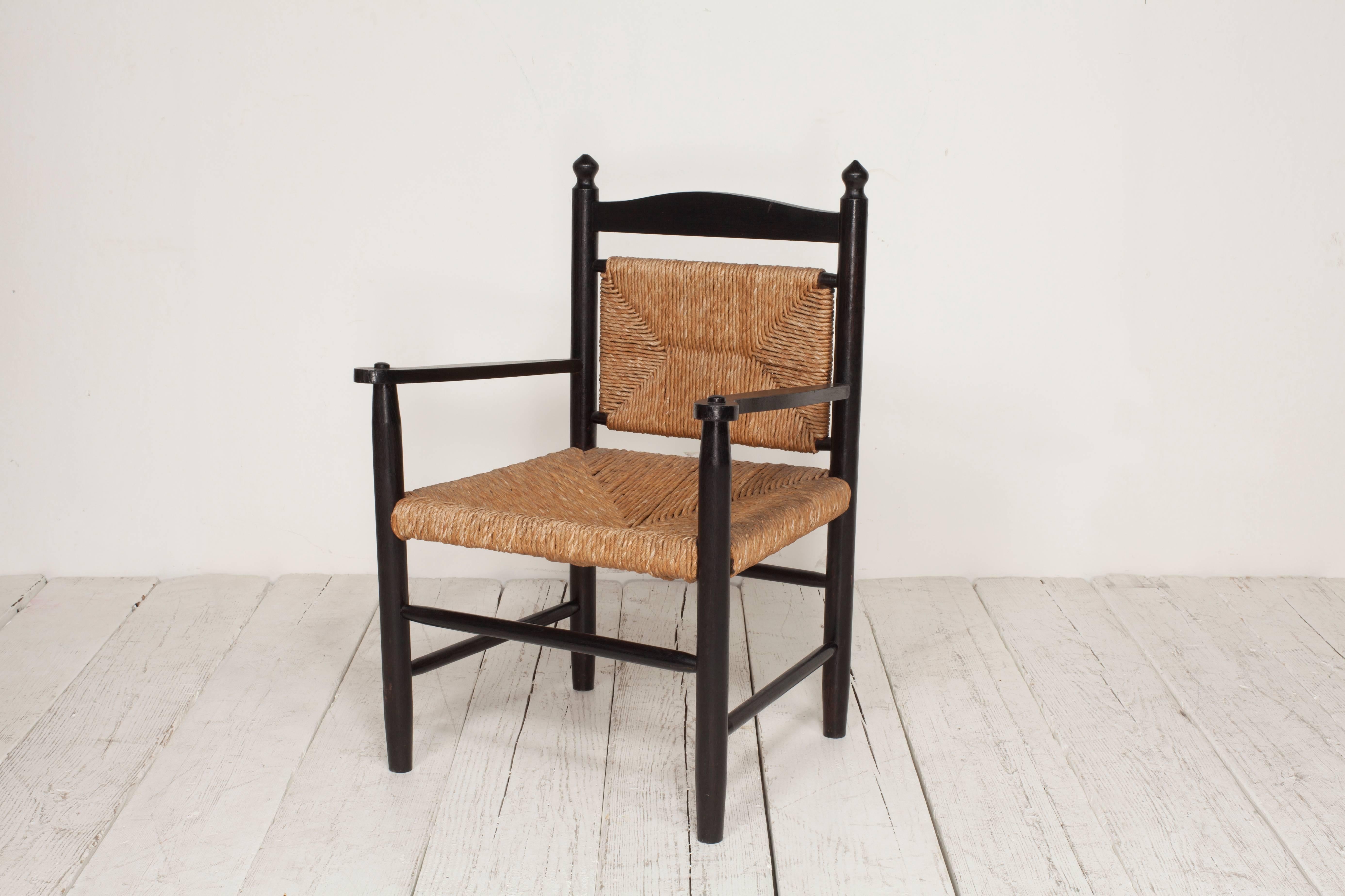 Black Stained Exposed Frame Armed Side Chair with Rush Seat and Back 3