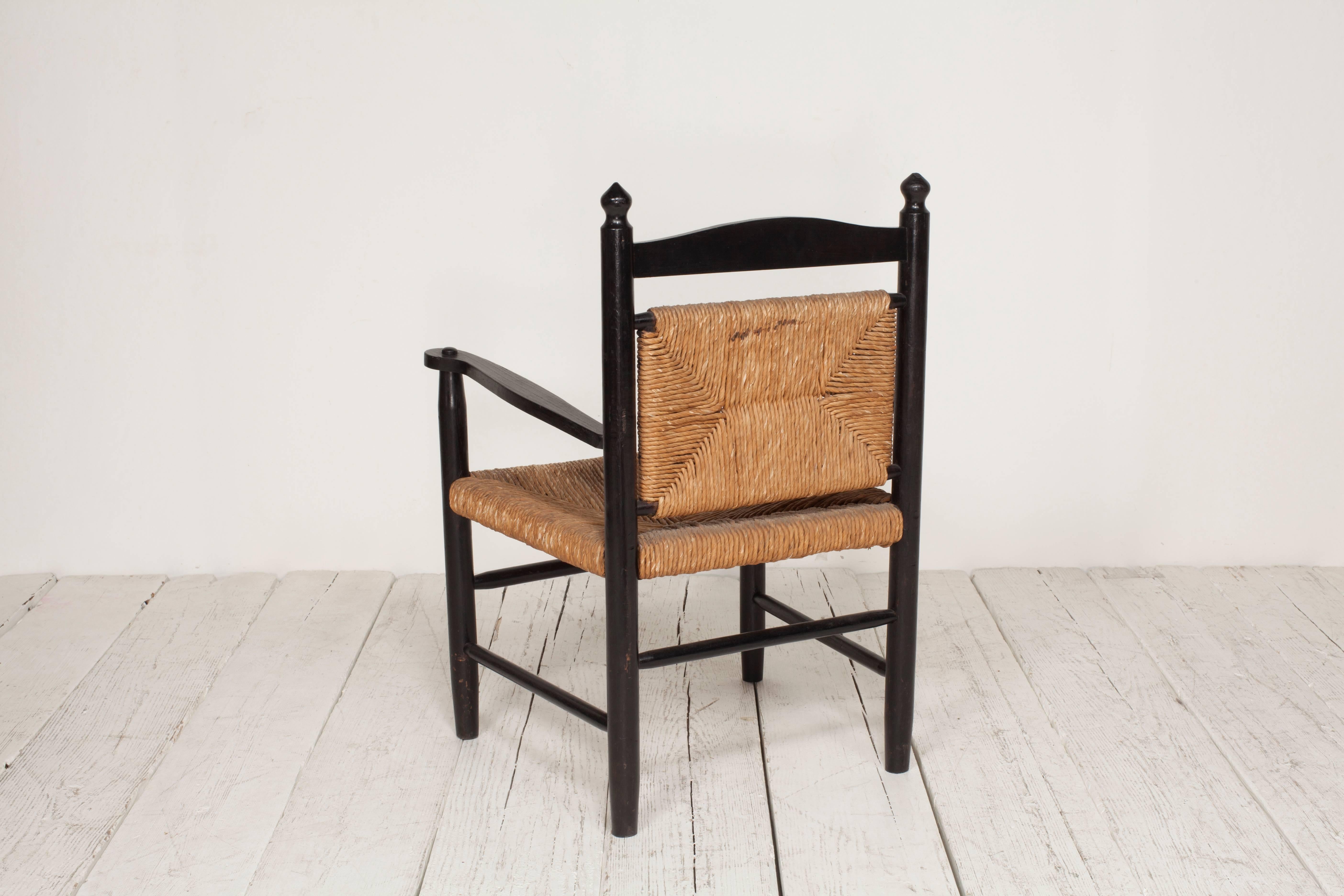 Black Stained Exposed Frame Armed Side Chair with Rush Seat and Back 4