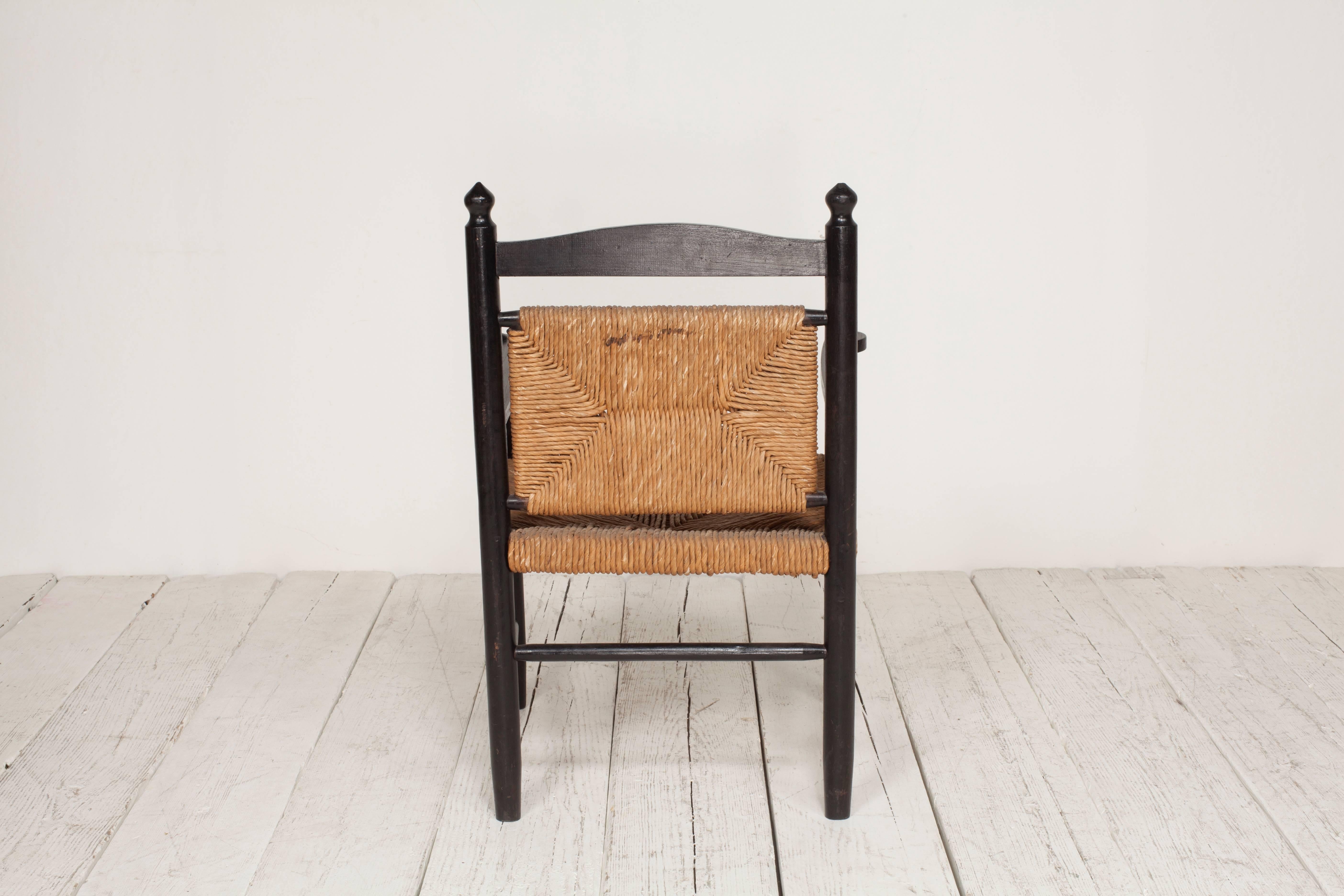 Black Stained Exposed Frame Armed Side Chair with Rush Seat and Back 5