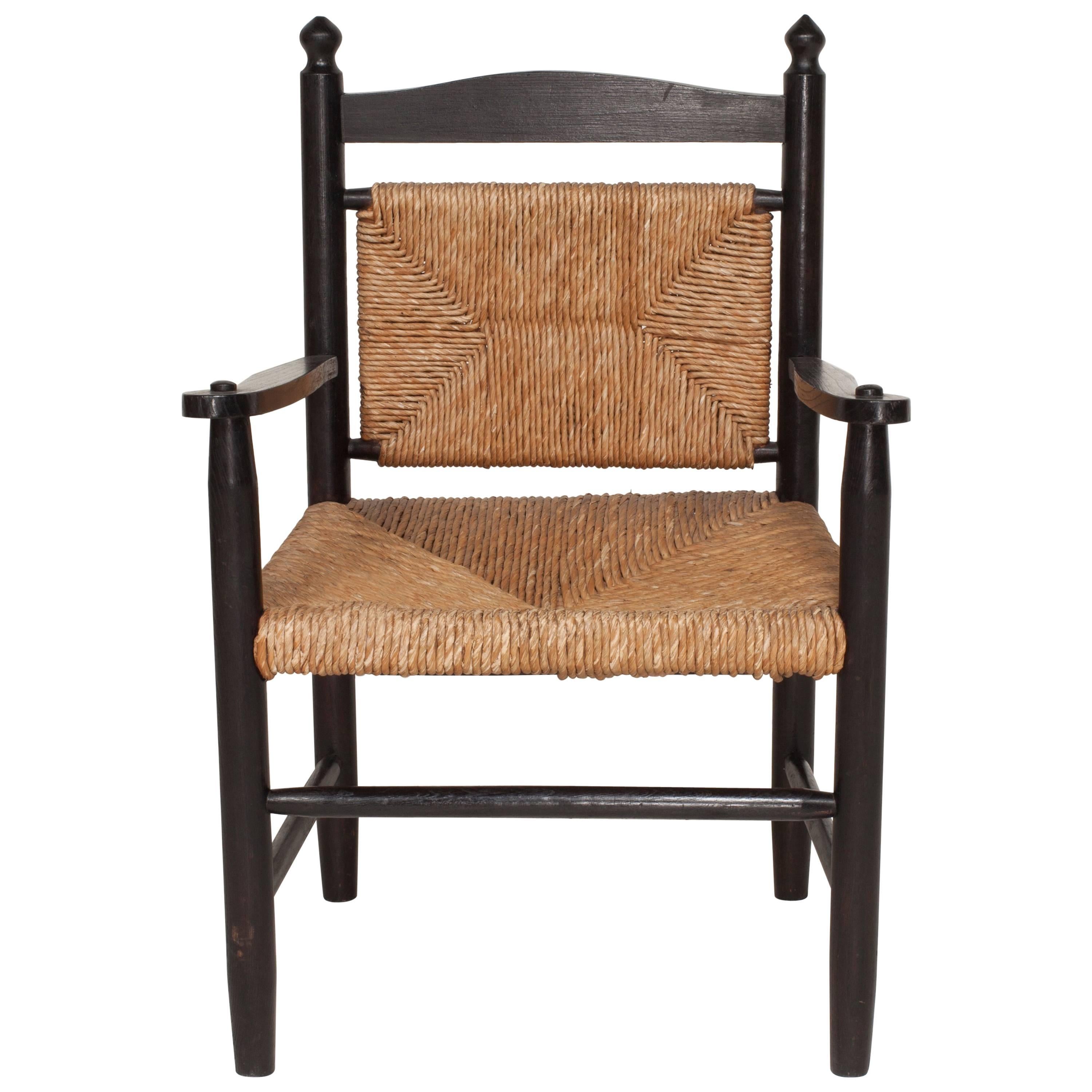 Black Stained Exposed Frame Armed Side Chair with Rush Seat and Back