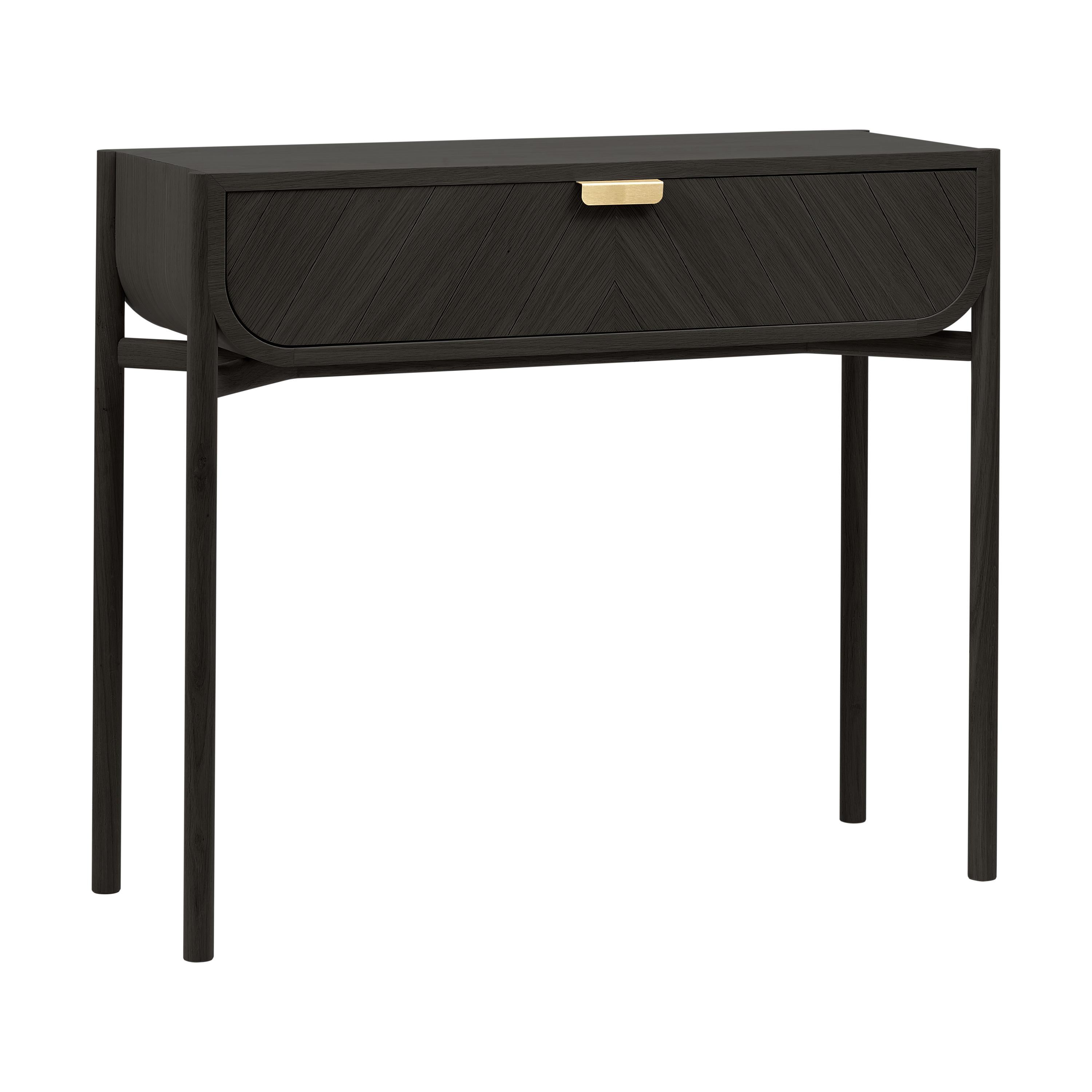Black Stained Oak Marius Console Table by HARTO
Dimensions: W 100 x D 36.5 x H 90 cm. 
Materials: Solid Wood, MDF wood veneer.  
Weight: 20.0 kg

The Marius console, with its drawer engraved with chevrons and its refined brass handle, is suitable