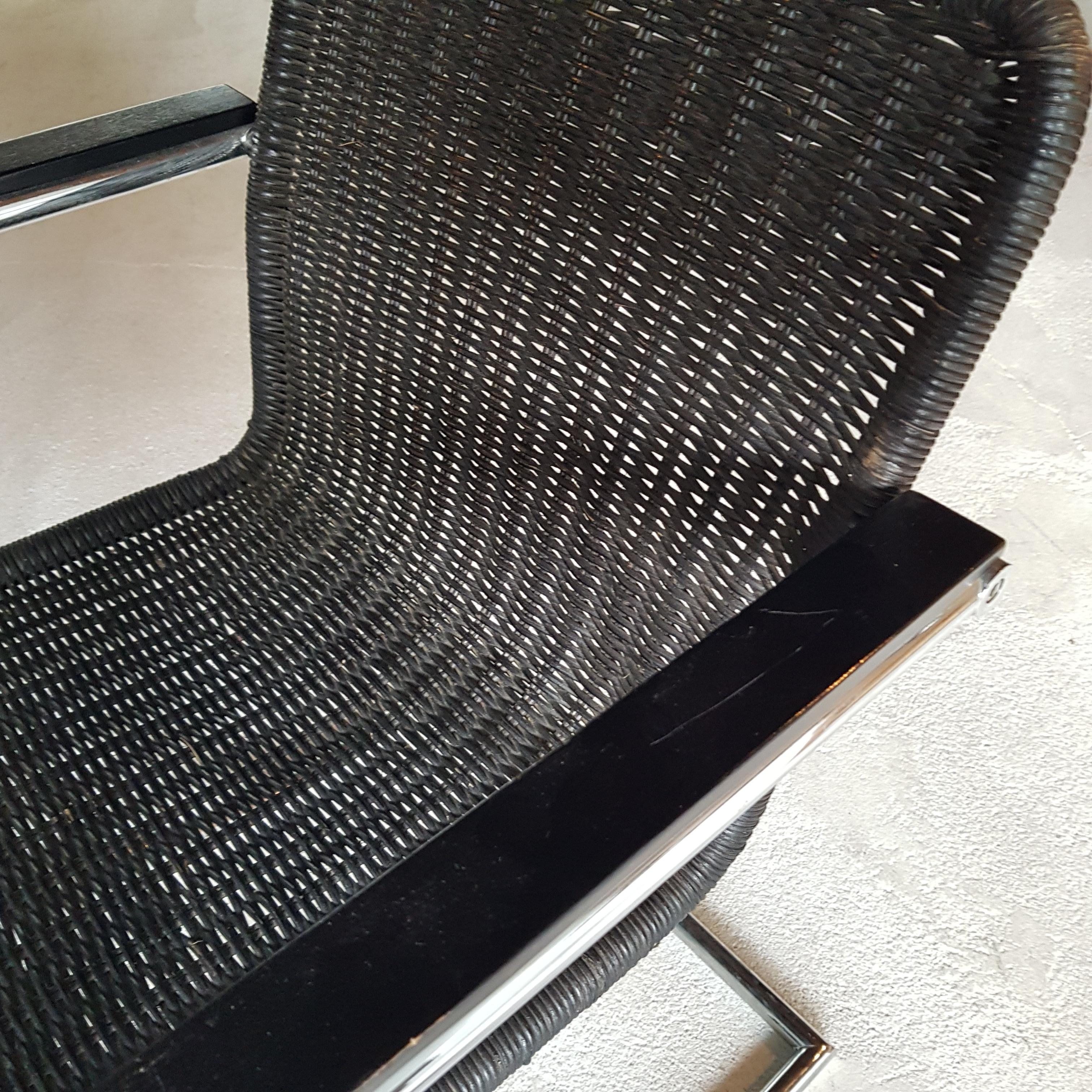 Black Stained Pit Cane Wicker Chair, 1970s In Good Condition For Sale In Hilversum, NL