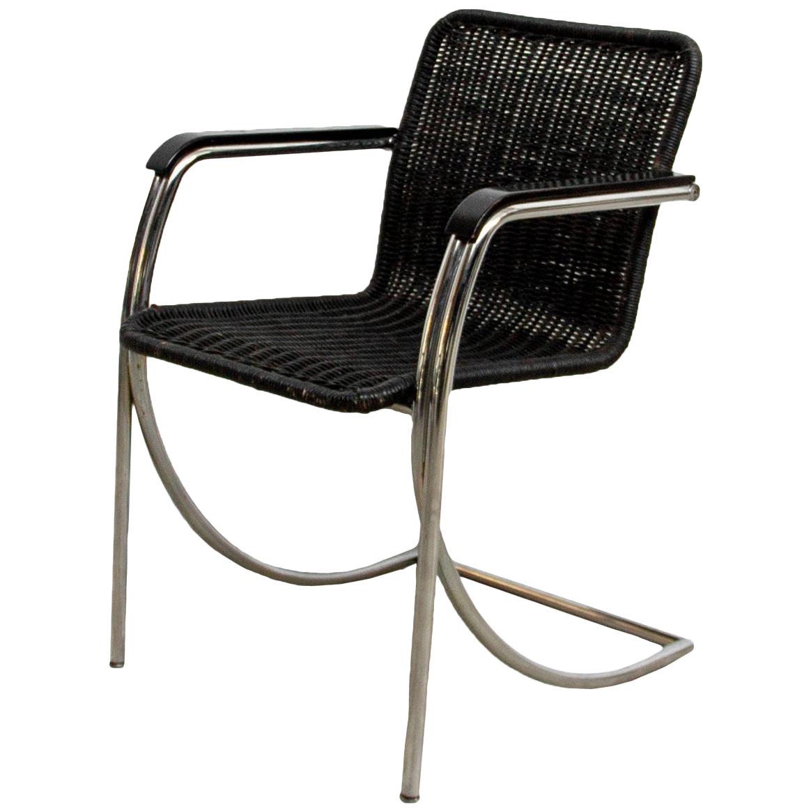 Chaise en osier teinté noir avec assise en rotin, années 1970 en vente