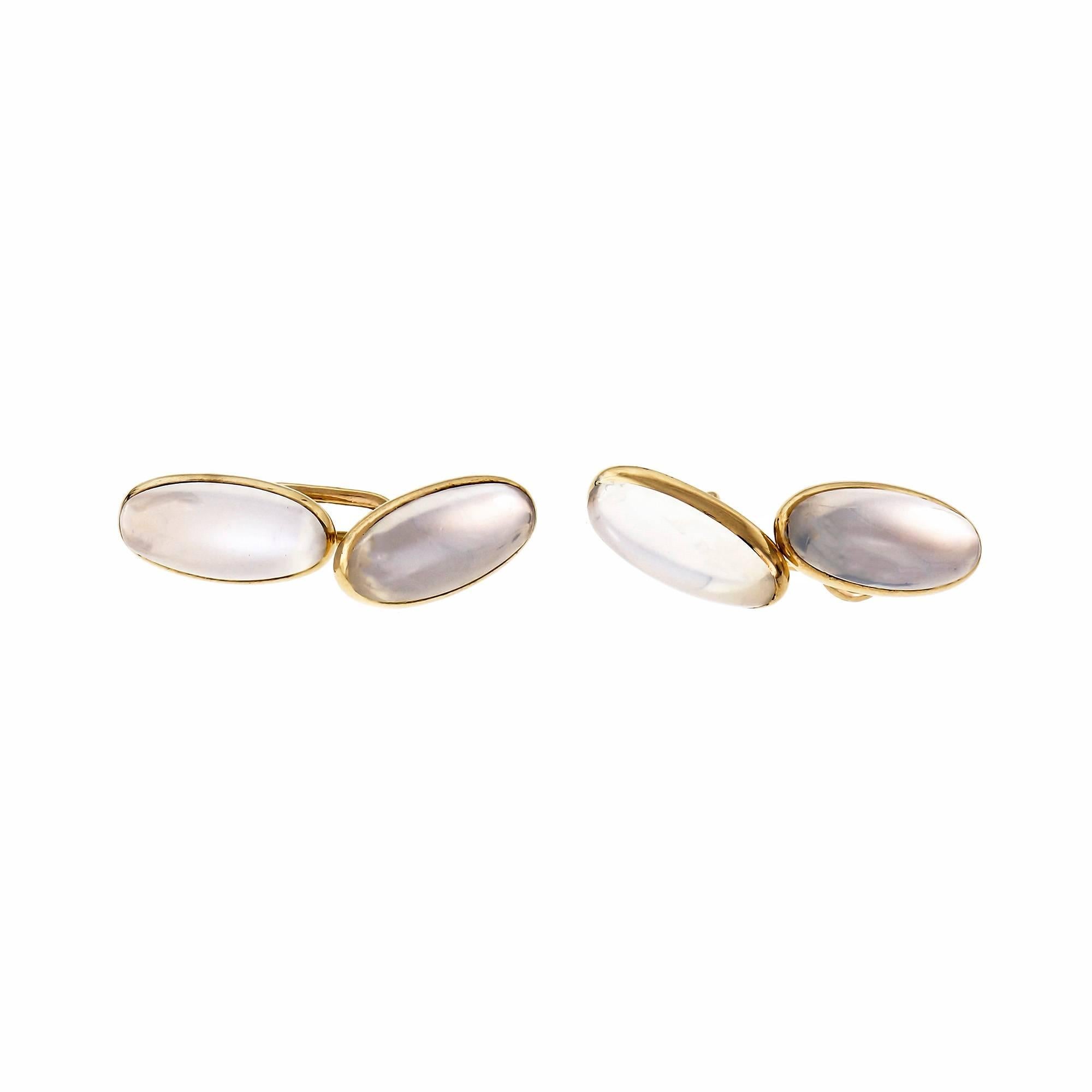 Oval Cut Black Star & Frost Blue Moonstone Gold Double Sided Gold Cufflinks