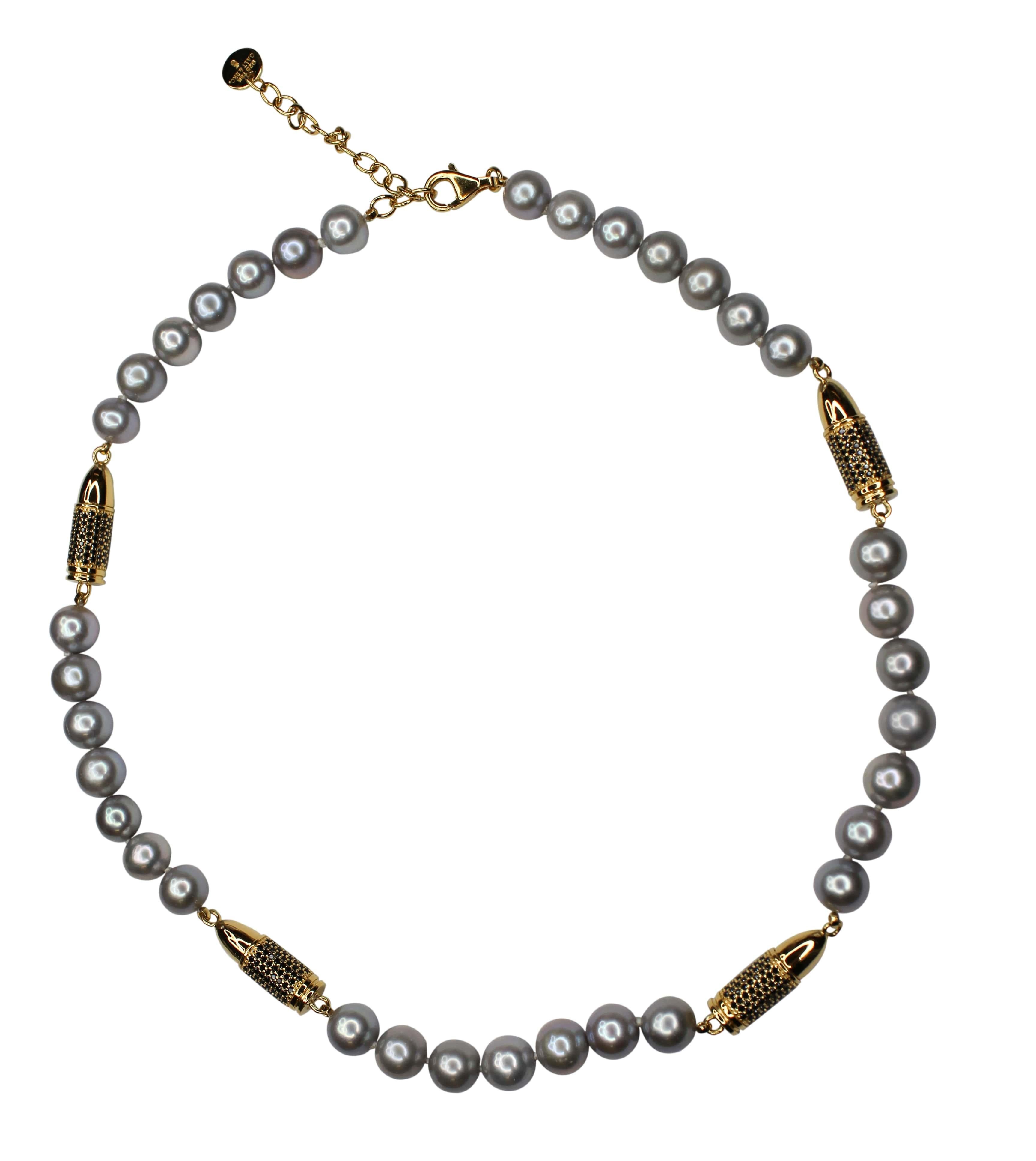 Modern Black Spinel Pave Gold Bullet Rocket Grey Pearl Sterling Silver Vermeil Necklace For Sale