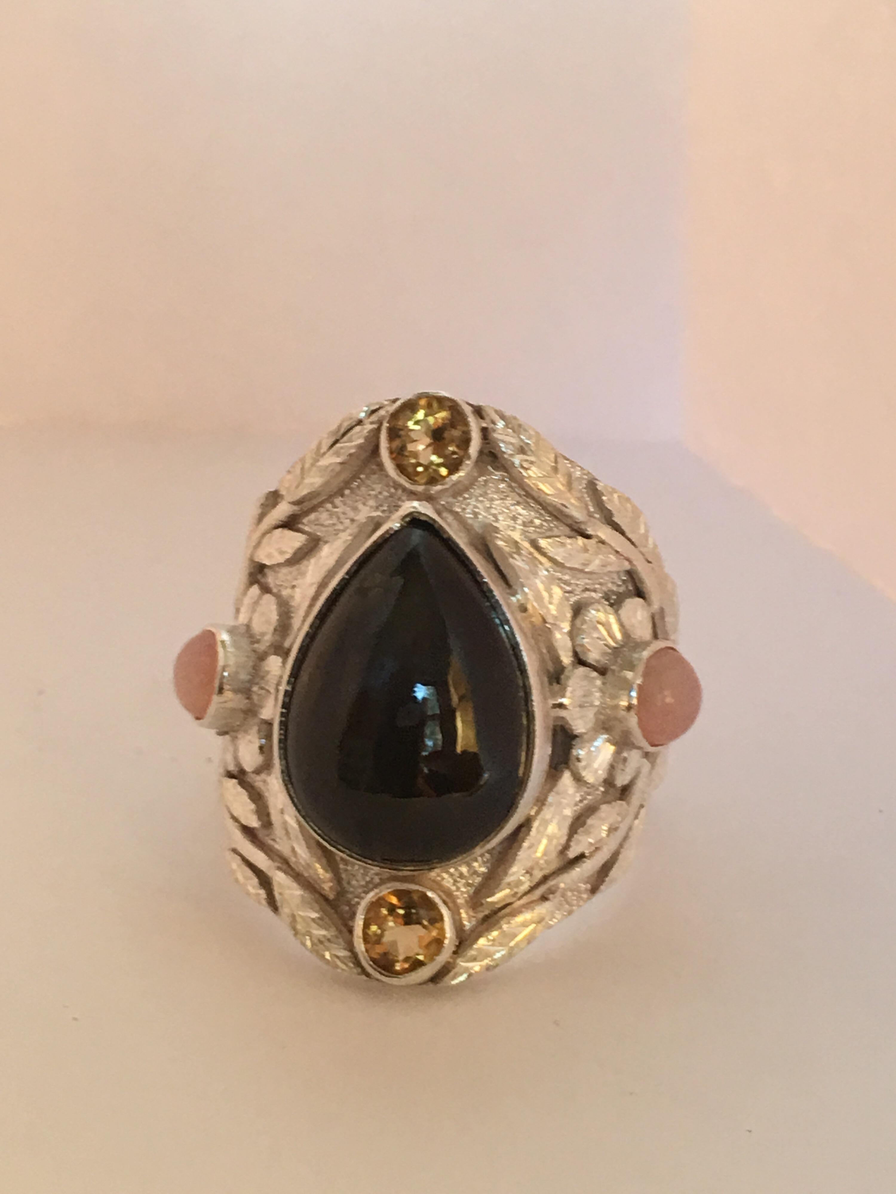 Women's Black Star Pink Opal and Citrine Cocktails Ring For Sale