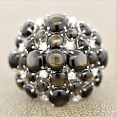 Black Star Sapphire Diamond Gold Cluster Cocktail Ring