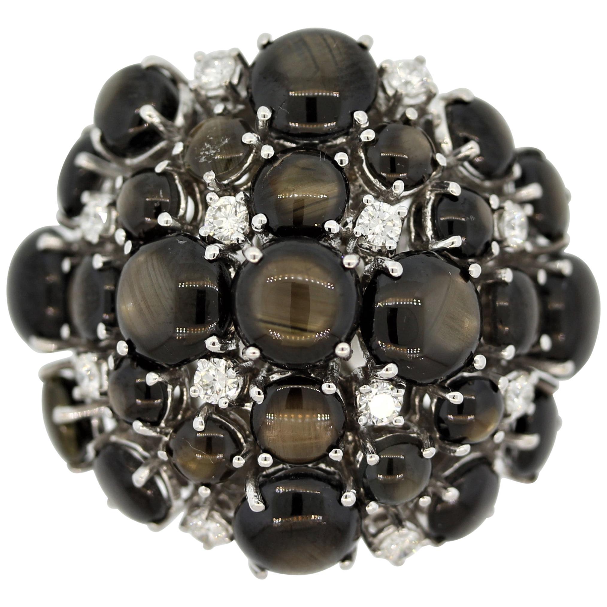 Black Star Sapphire Diamond Gold Cluster Cocktail Ring