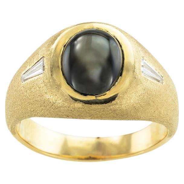Black Star Sapphire Diamond Yellow Gold Ring For Sale