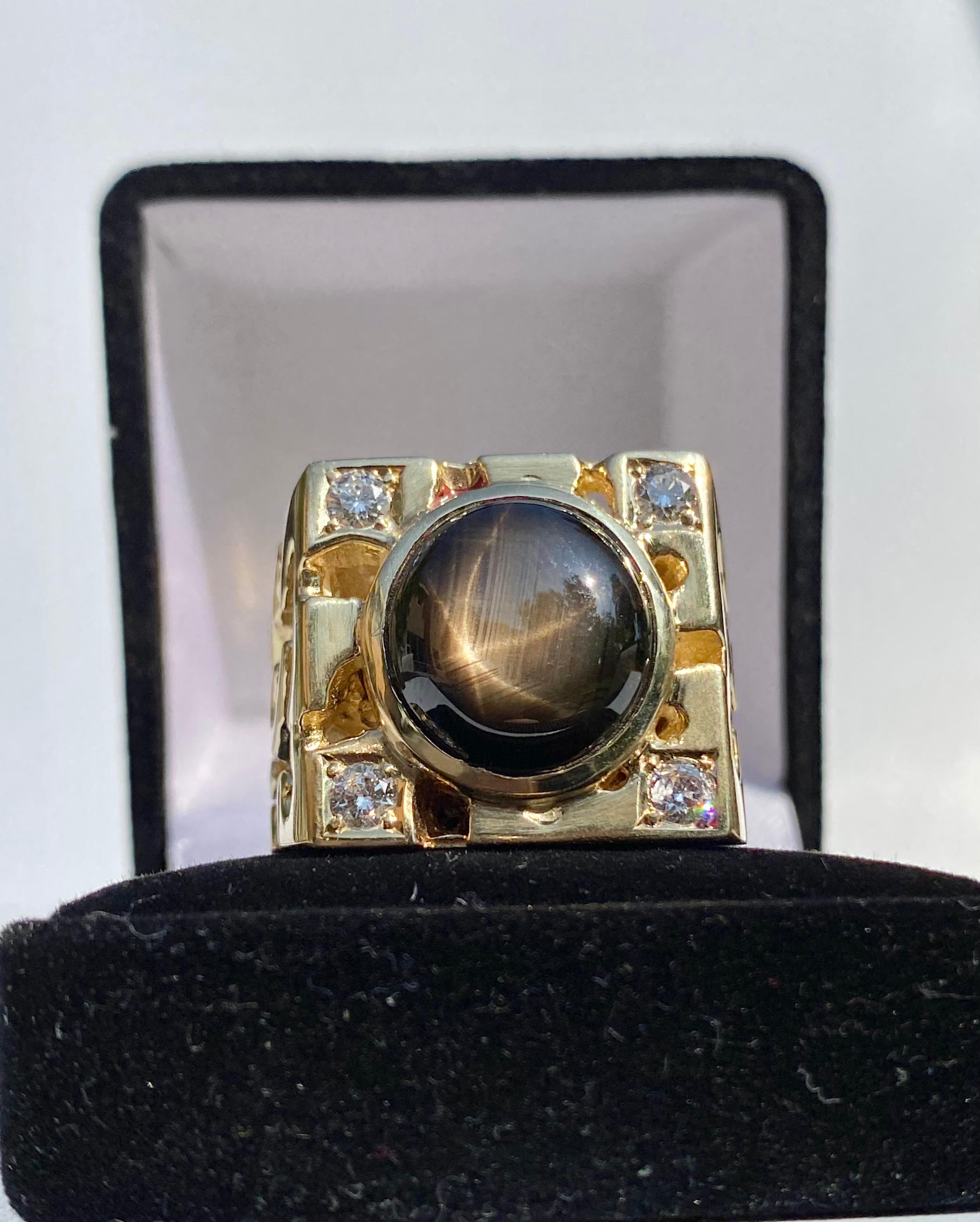 Women's or Men's Black Star Sapphire Mens Nugget Ring in 14k Yellow Gold
