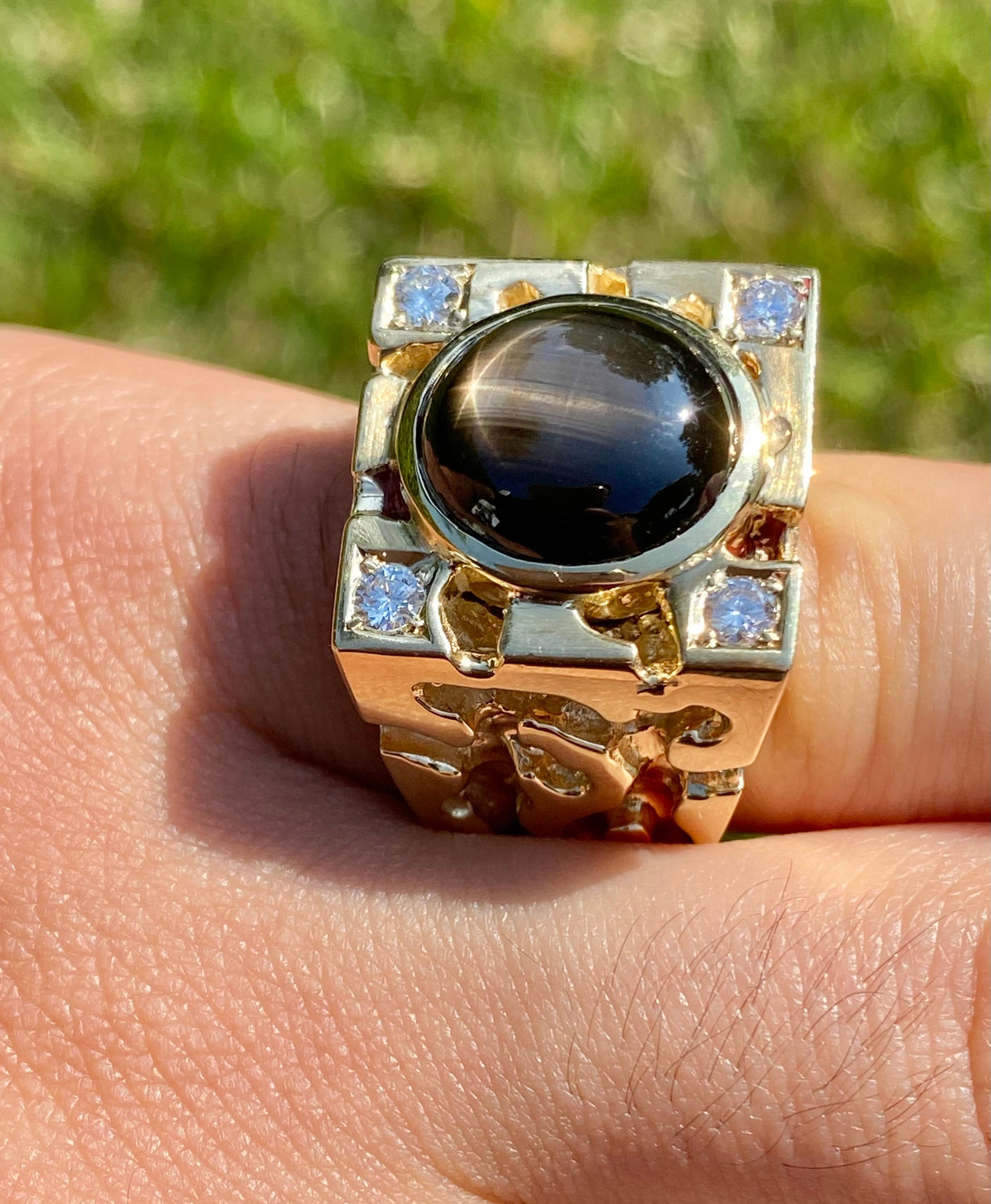 Black Star Sapphire Mens Nugget Ring in 14k Yellow Gold 1