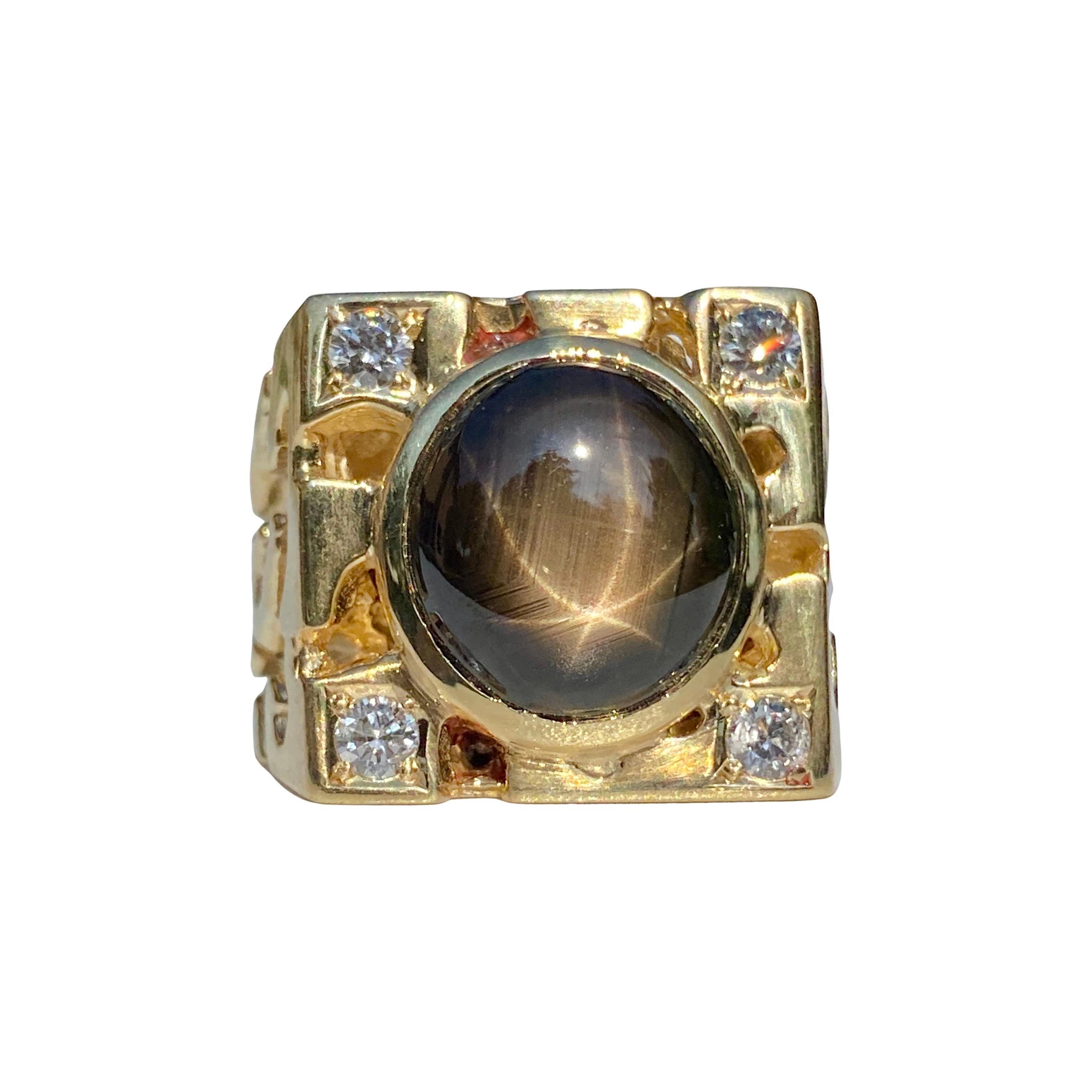 Black Star Sapphire Mens Nugget Ring in 14k Yellow Gold