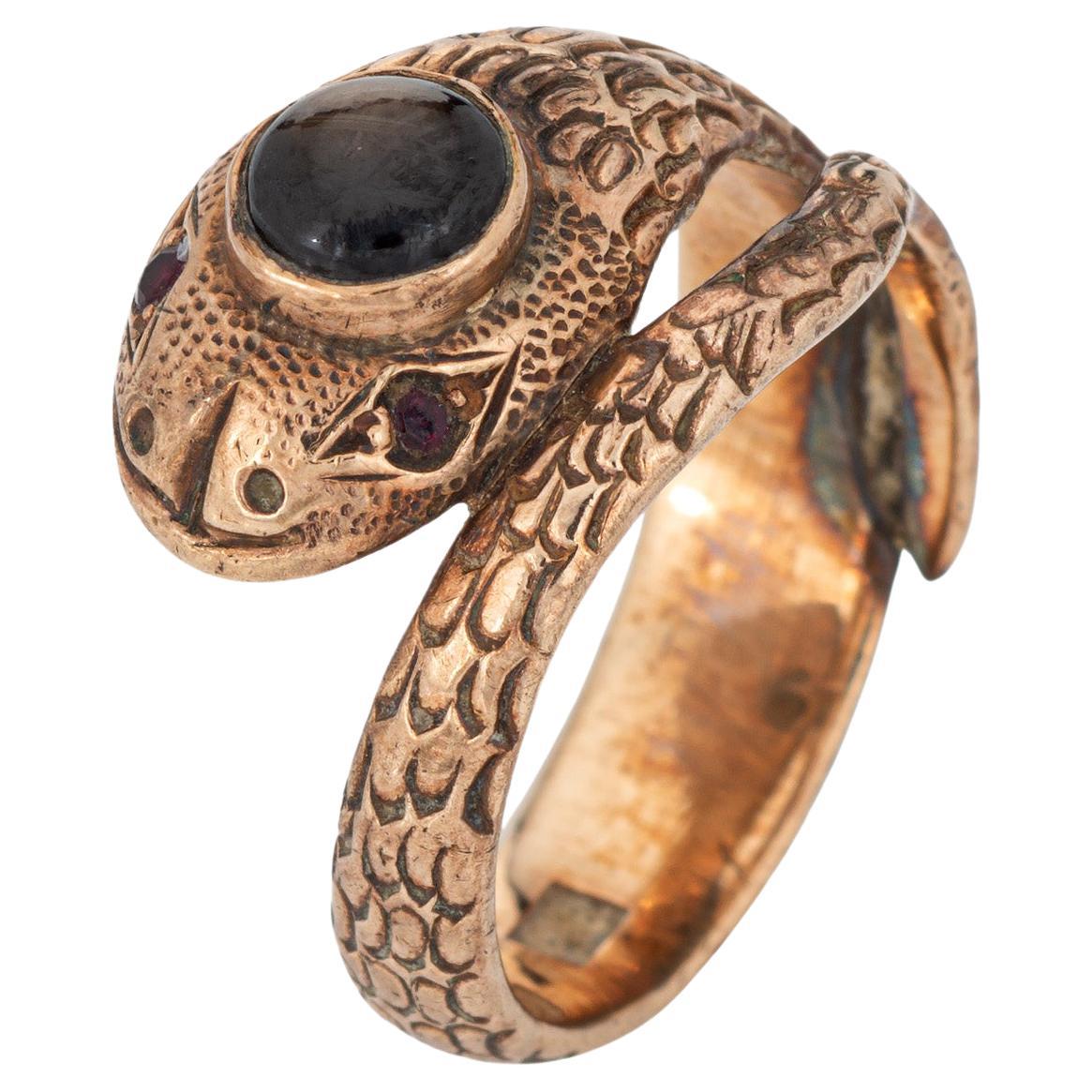 Black Star Sapphire Snake Ring Vintage 14k Rose Gold Sz 5 Estate Serpent Jewelry For Sale