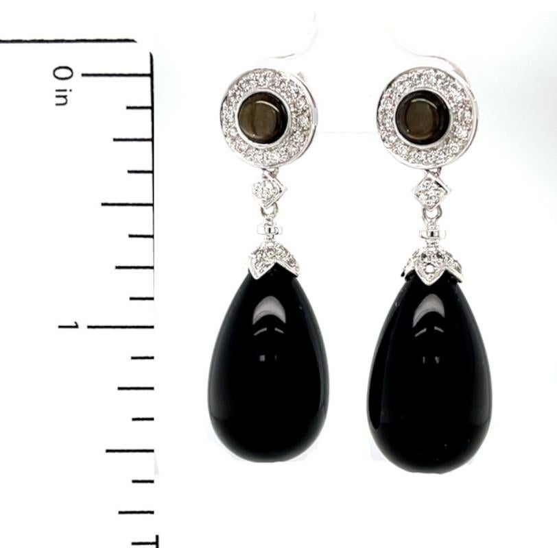 Artisan Black Star Sapphire Stud, Onyx Teardrop, Diamond 18k White Gold Dangle Earrings