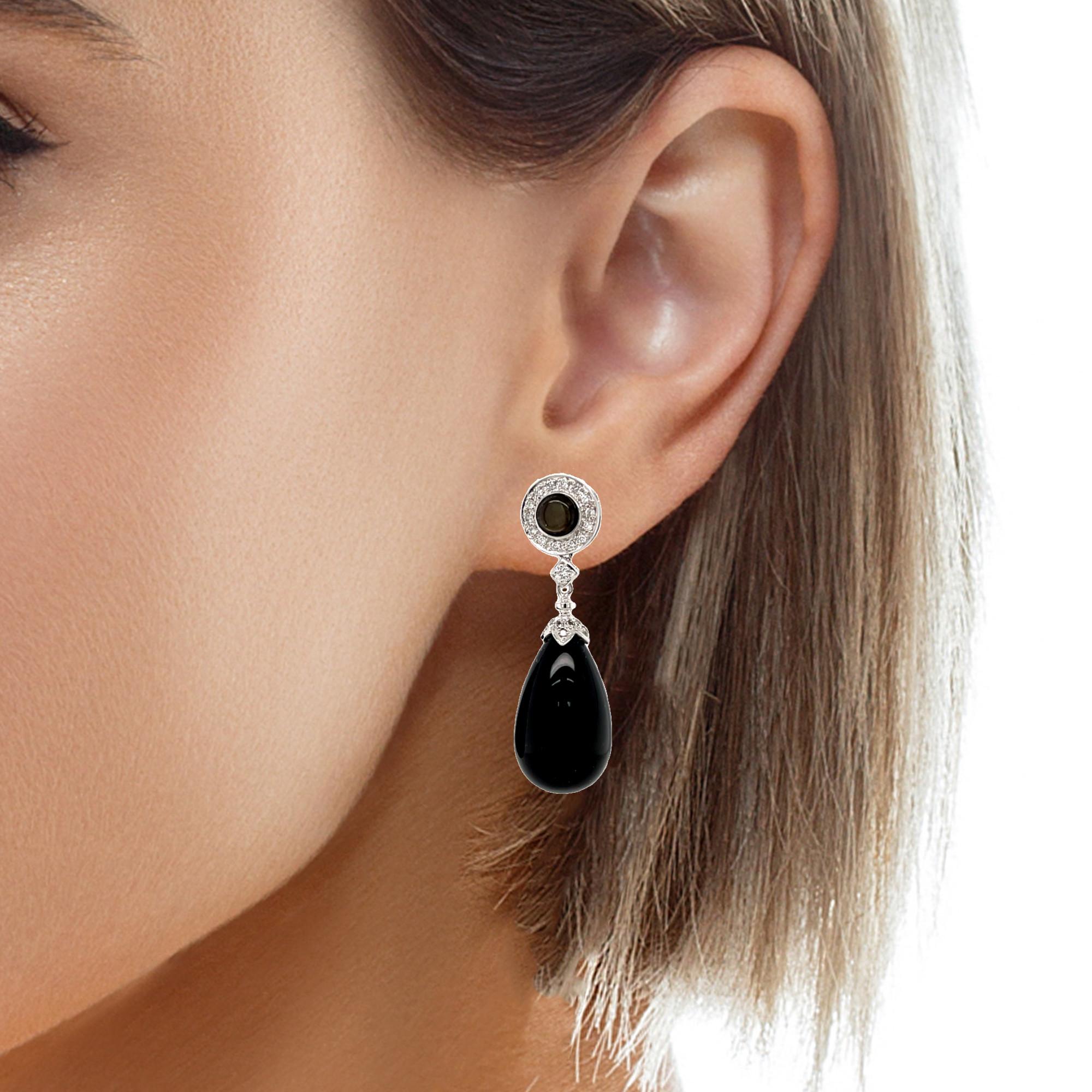 Mixed Cut Black Star Sapphire Stud, Onyx Teardrop, Diamond 18k White Gold Dangle Earrings