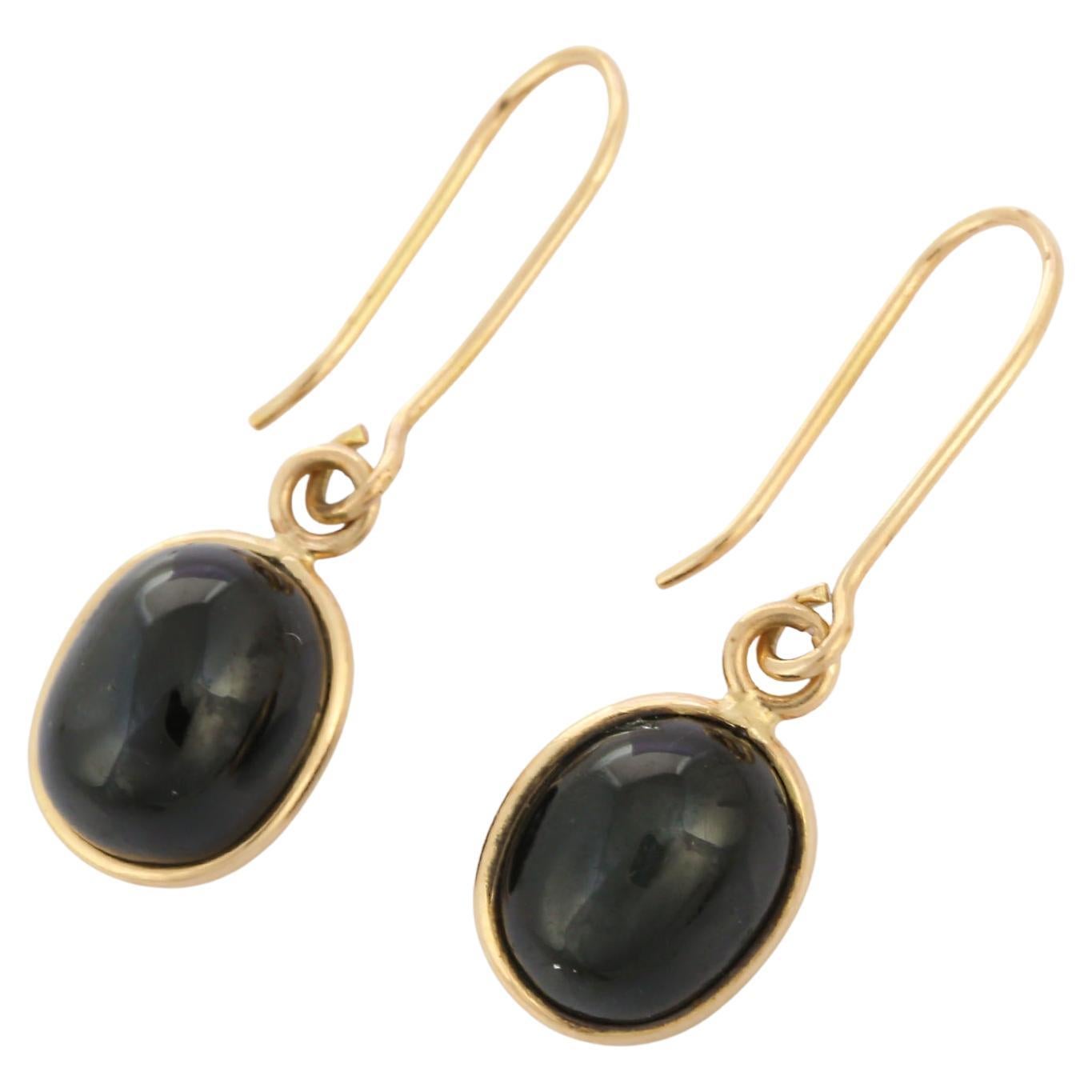 Black Star Sapphire Studded in 14K Yellow Gold Dangle Drop Earrings 