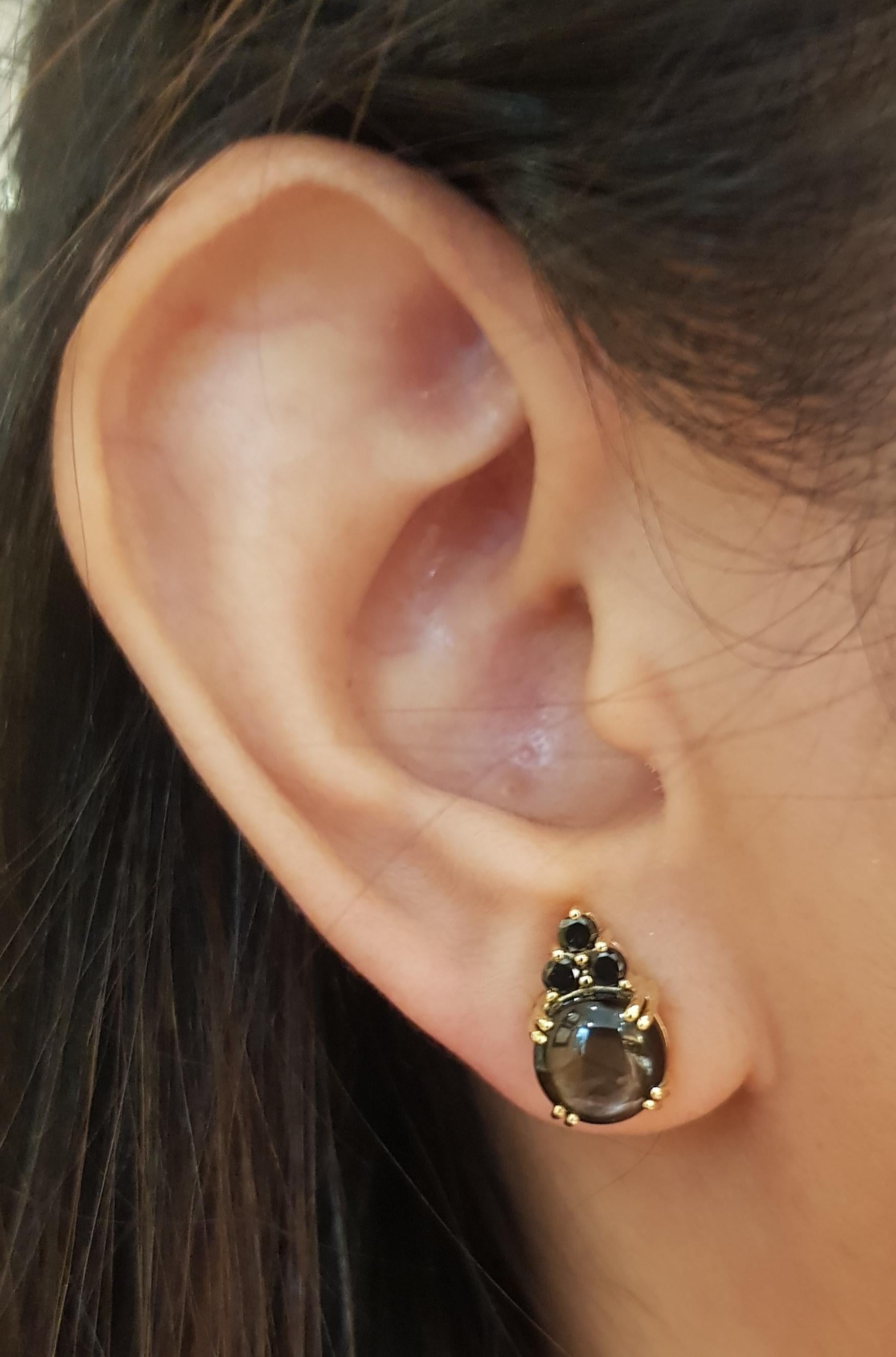 Boucles d'oreilles composées d'un saphir noir de 7,50 carats et d'un diamant noir de 0,27 carat sertis dans une monture en or 18 carats

Largeur : 0,8 cm 
Longueur : 1,2 cm
Poids total : 6,11 grammes

