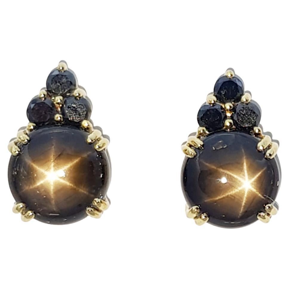 Black Star Sapphire with Black Diamond Earrings Set in 18 Karat Gold Settings For Sale