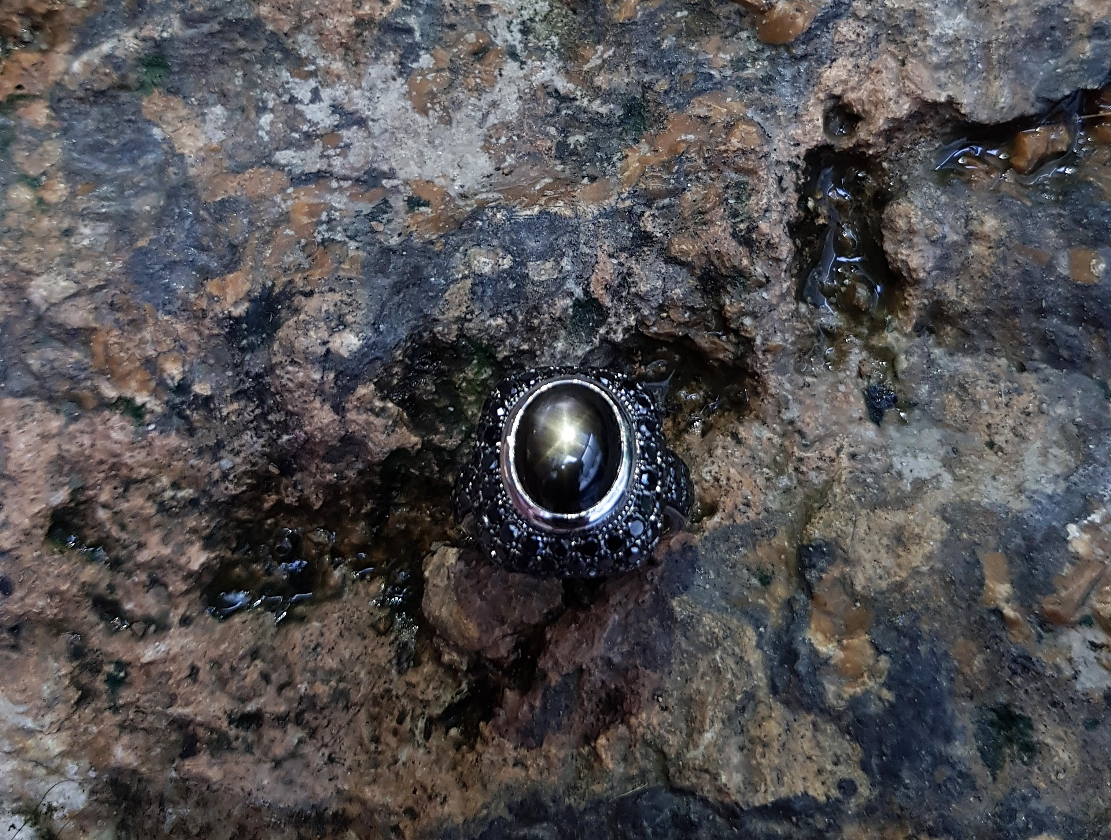Black Star Sapphire with Black Diamond Ring Set in 18 Karat White Gold Settings In New Condition In Bangkok, TH
