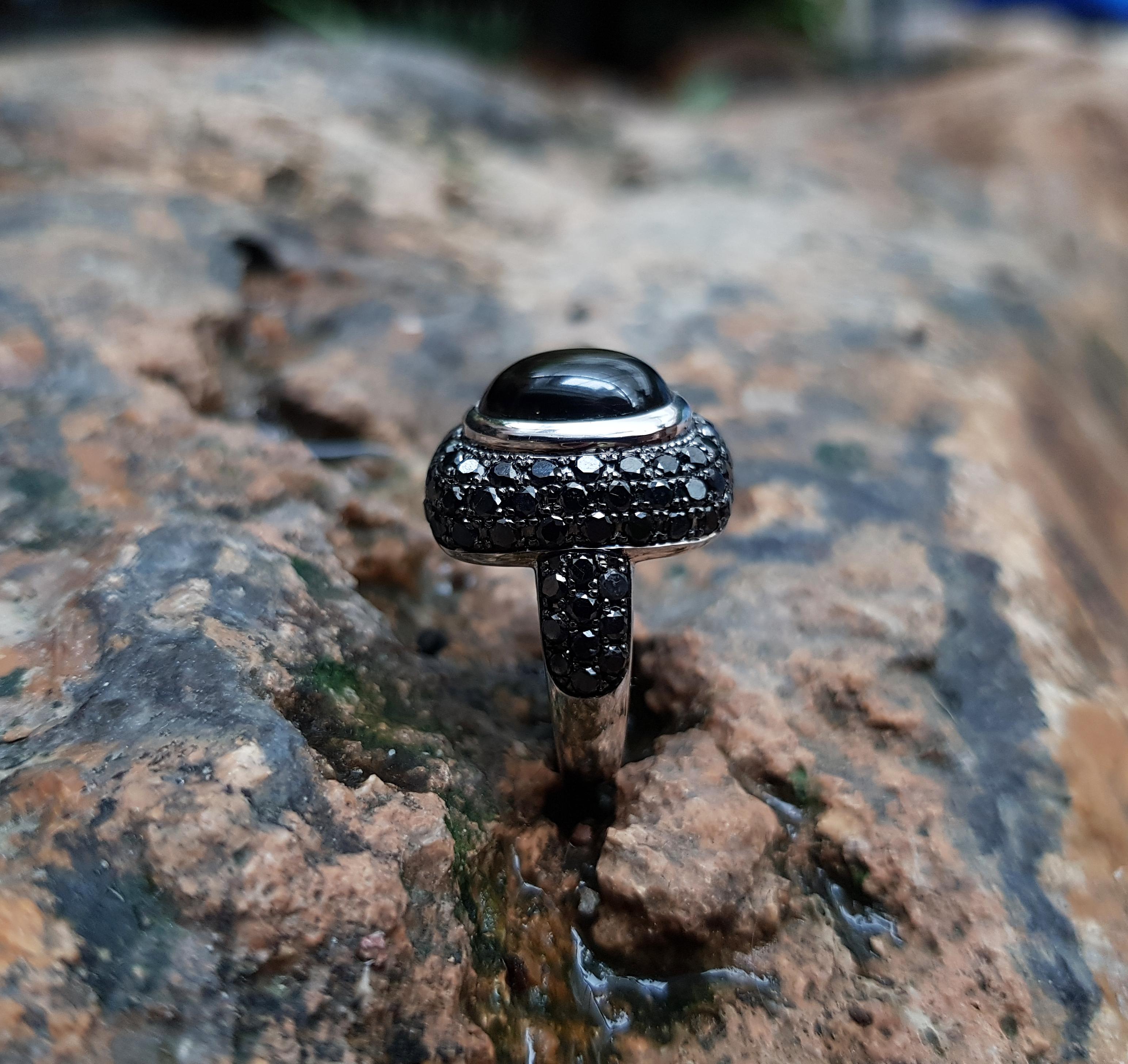 Women's or Men's Black Star Sapphire with Black Diamond Ring Set in 18 Karat White Gold Settings