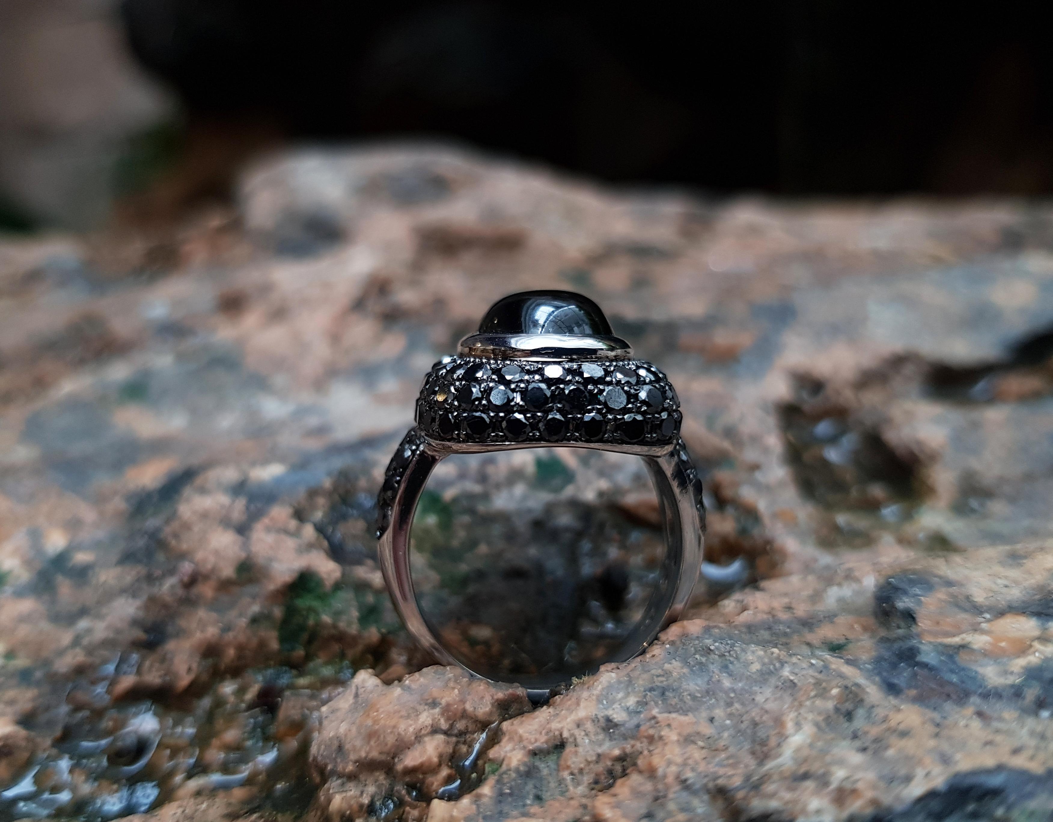 Black Star Sapphire with Black Diamond Ring Set in 18 Karat White Gold Settings 2