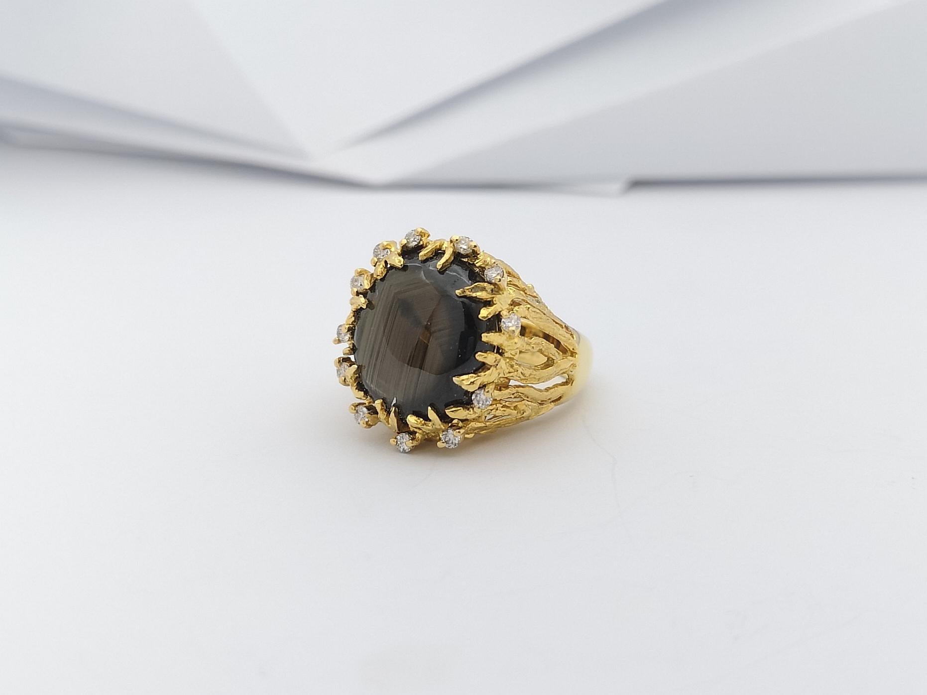 Black Star Sapphire with Brown Diamond Ring Set in 18 Karat Gold Settings For Sale 2
