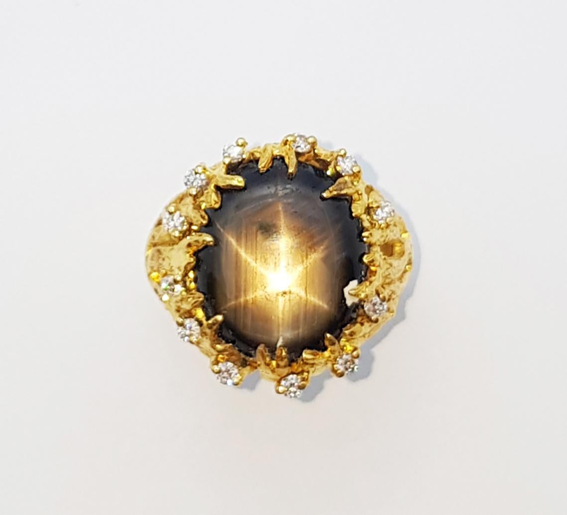Black Star Sapphire with Brown Diamond Ring Set in 18 Karat Gold Settings For Sale 3