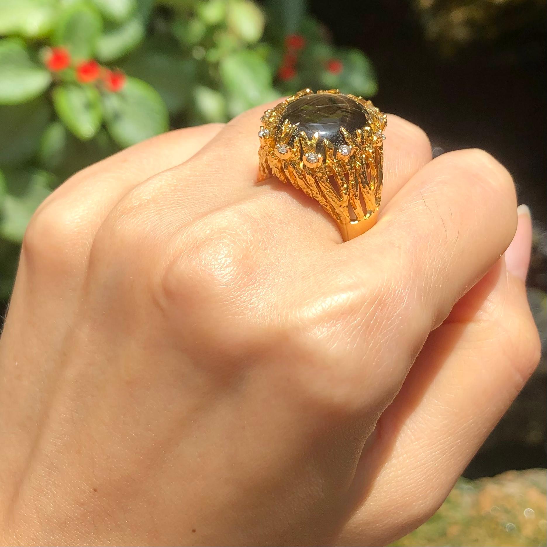 Cabochon Black Star Sapphire with Brown Diamond Ring Set in 18 Karat Gold Settings For Sale