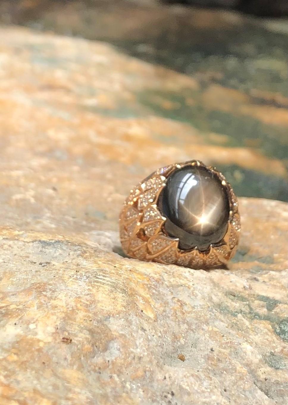 Black Star Sapphire with Brown Diamond Ring Set in 18 Karat Rose Gold Settings For Sale 1