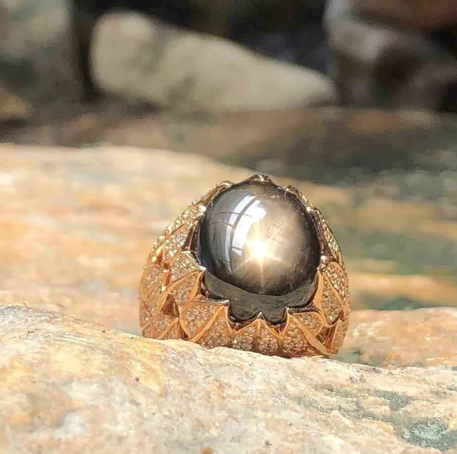 Black Star Sapphire with Brown Diamond Ring Set in 18 Karat Rose Gold Settings For Sale 3