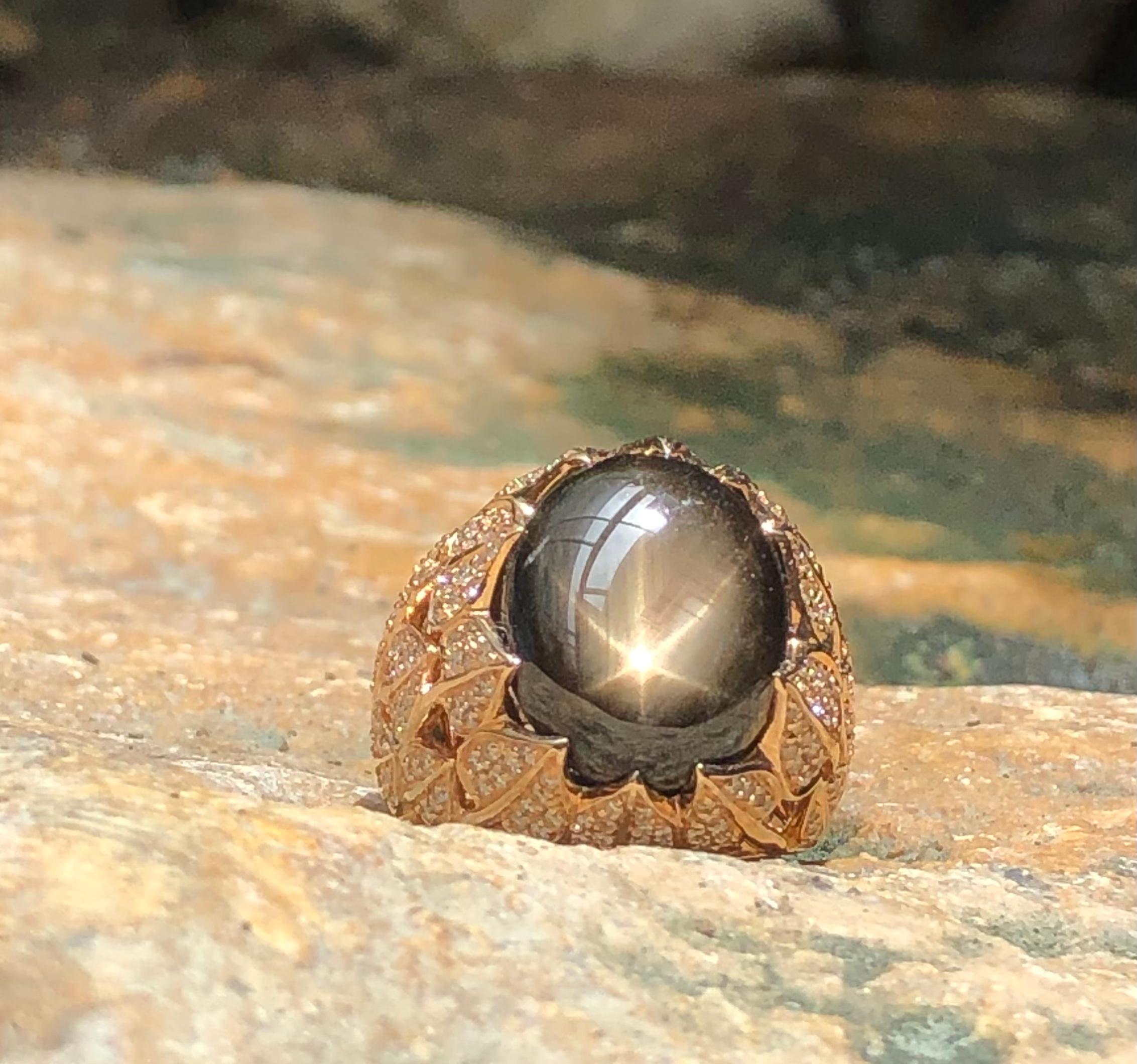 Black Star Sapphire with Brown Diamond Ring Set in 18 Karat Rose Gold Settings For Sale 7