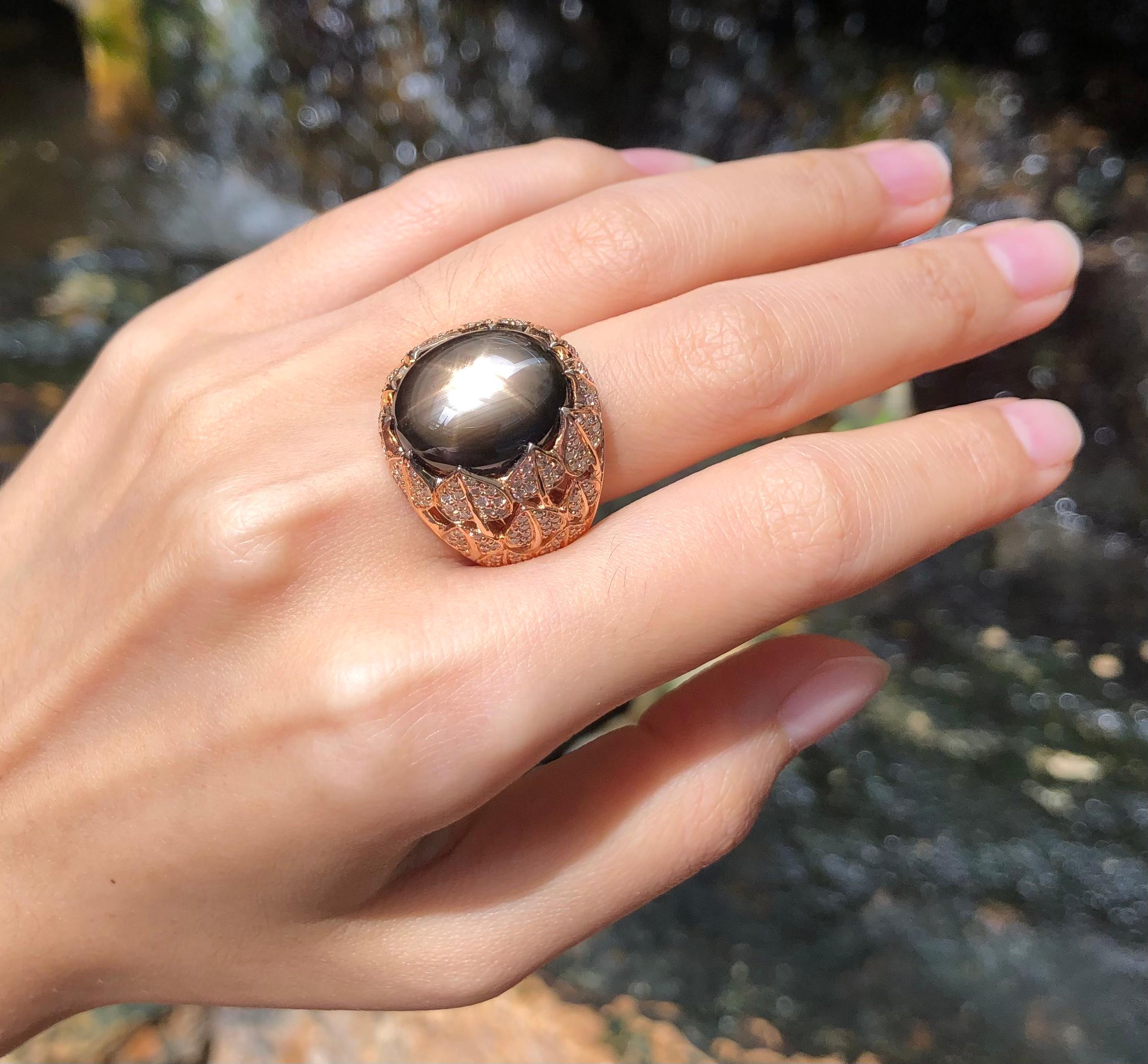 Cabochon Black Star Sapphire with Brown Diamond Ring Set in 18 Karat Rose Gold Settings For Sale