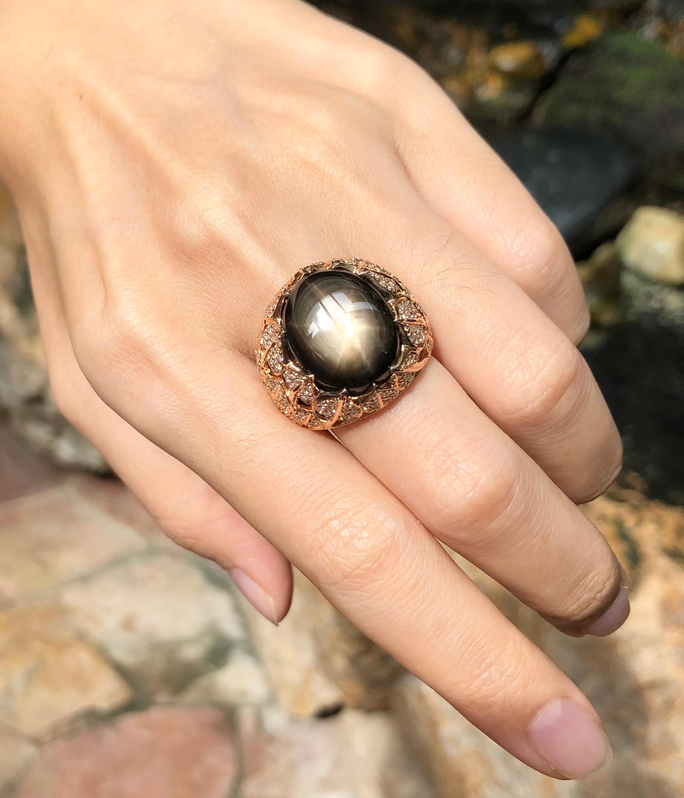 Black Star Sapphire with Brown Diamond Ring Set in 18 Karat Rose Gold Settings In New Condition For Sale In Bangkok, TH