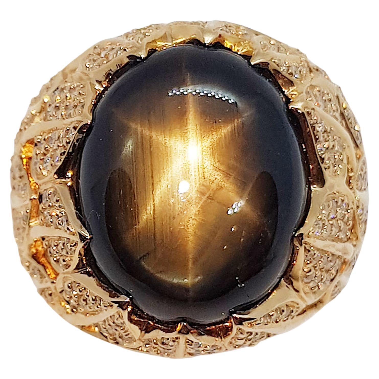 Black Star Sapphire with Brown Diamond Ring Set in 18 Karat Rose Gold Settings For Sale