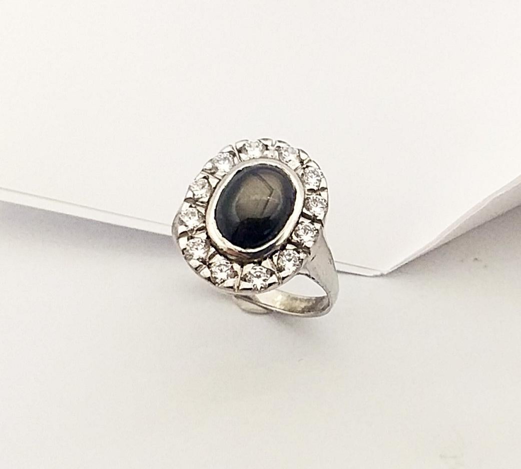 Black Star Sapphire with Cubic Zirconia Ring set in Silver Settings For Sale 2