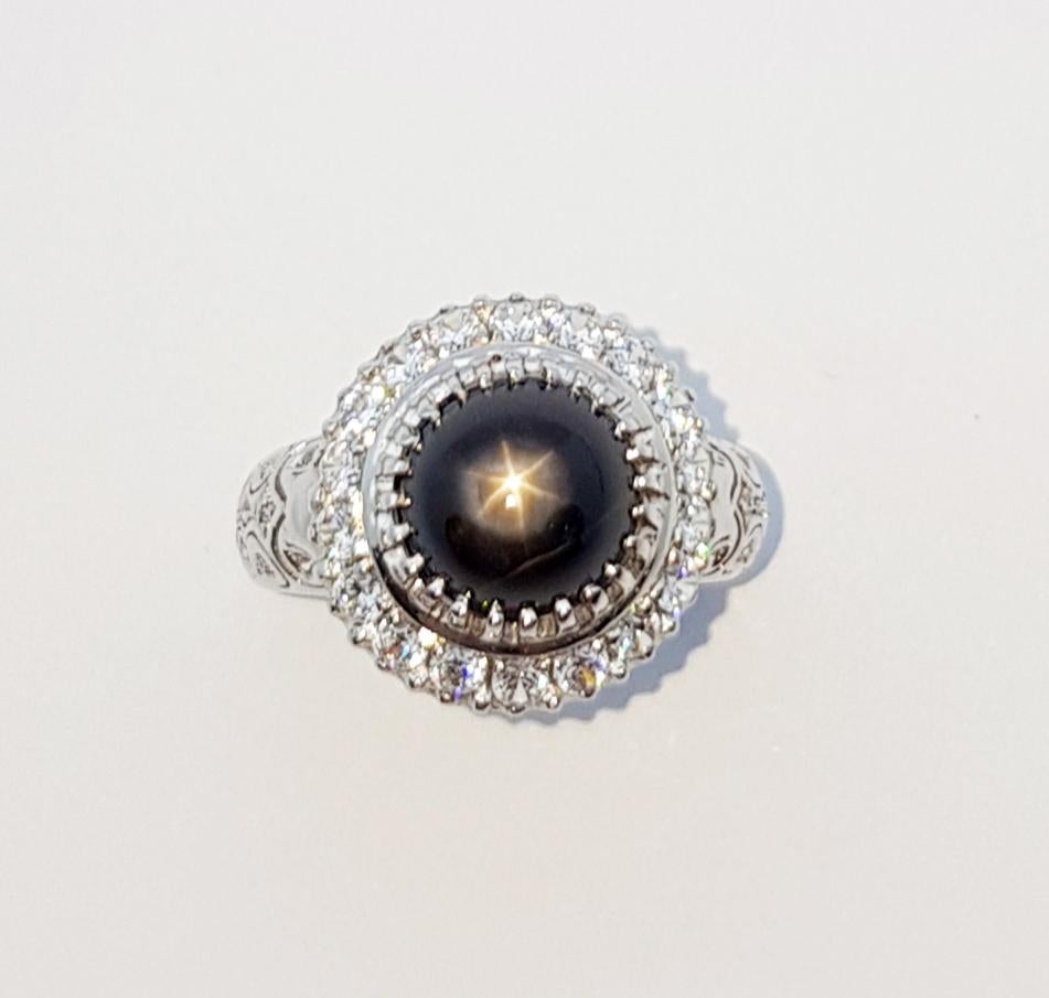Black Star Sapphire with Cubic Zirconia Ring set in Silver Settings For Sale 2