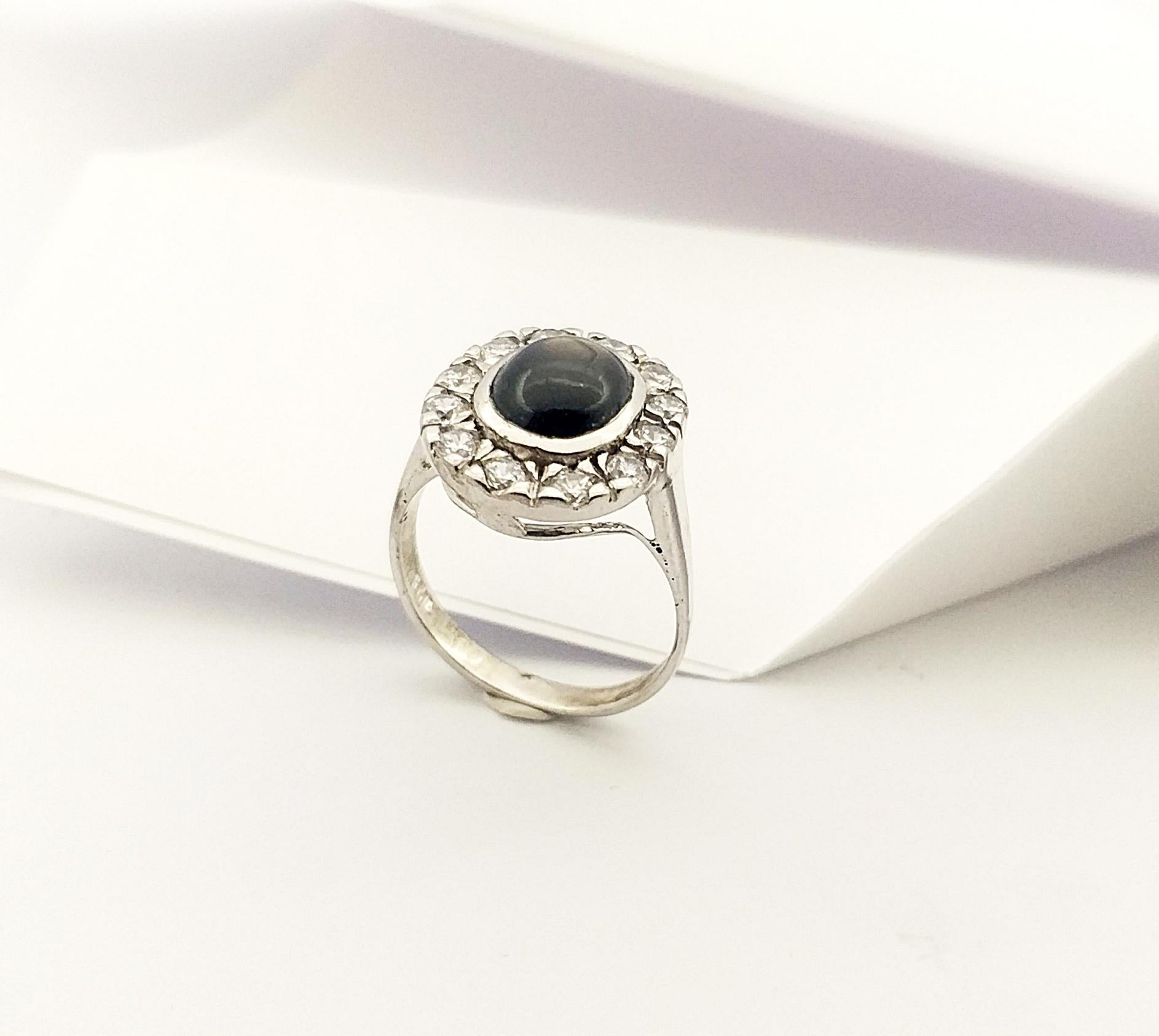 Black Star Sapphire with Cubic Zirconia Ring set in Silver Settings For Sale 4