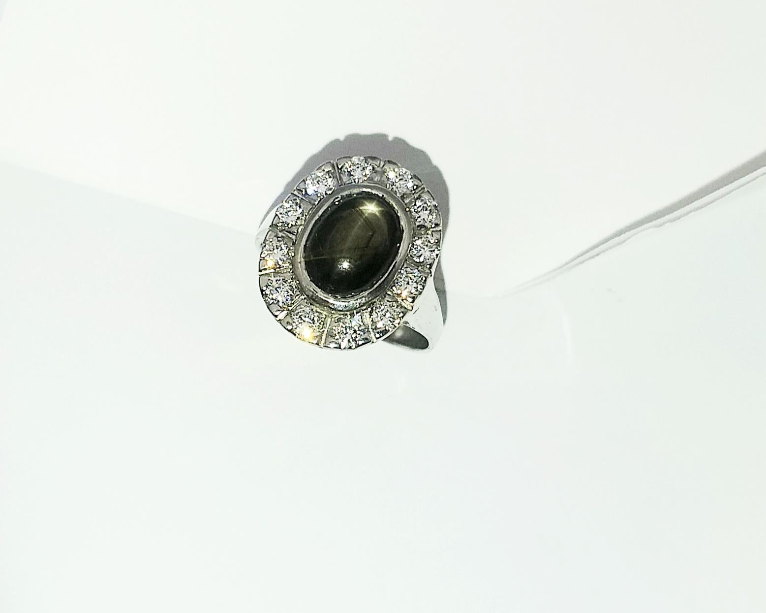 Black Star Sapphire with Cubic Zirconia Ring set in Silver Settings For Sale 5