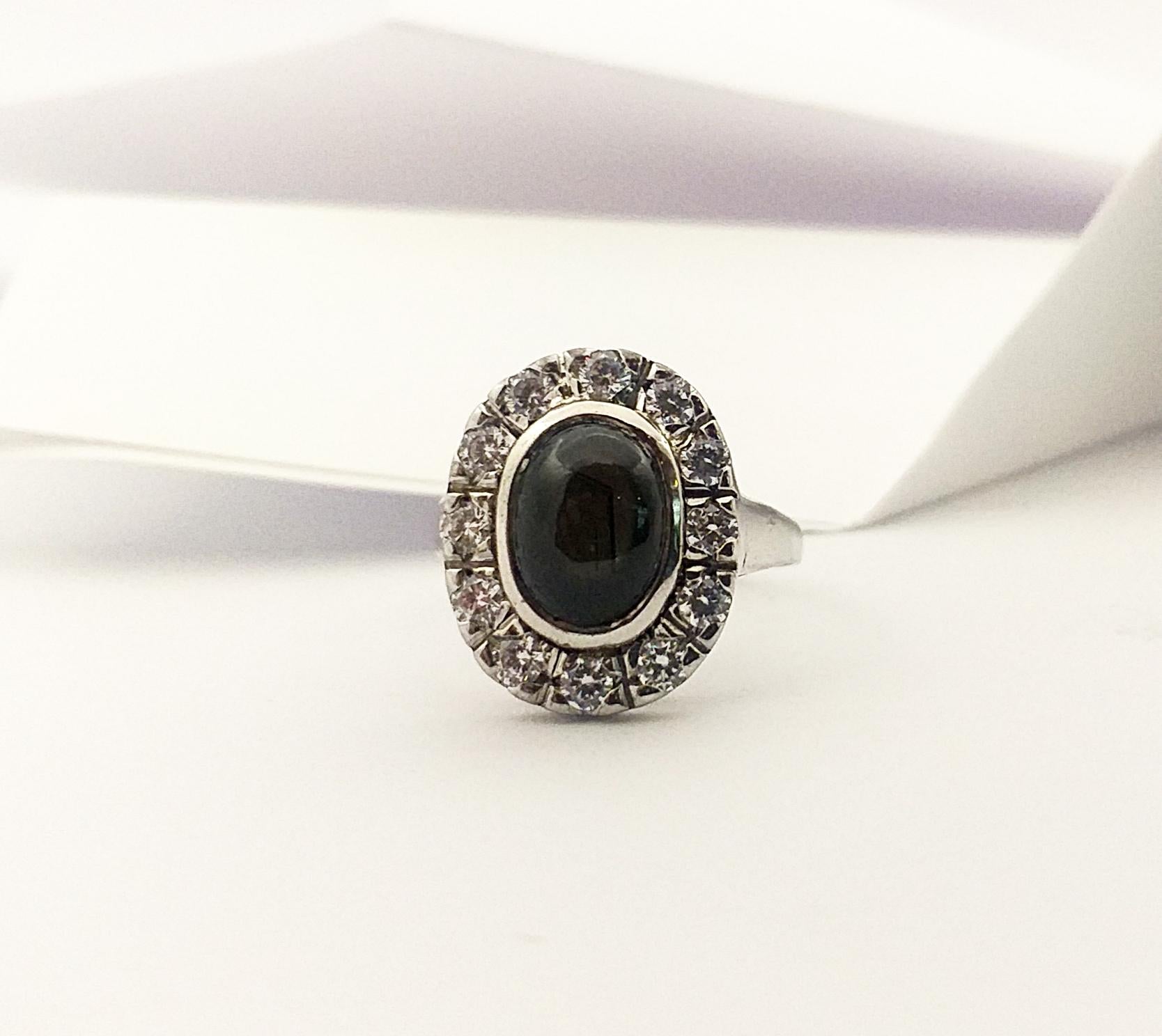 Black Star Sapphire with Cubic Zirconia Ring set in Silver Settings For Sale 6