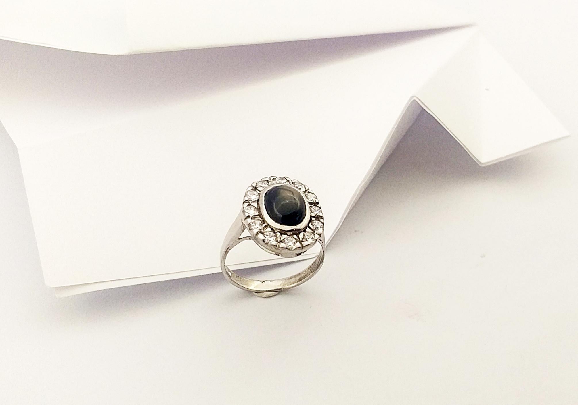 Black Star Sapphire with Cubic Zirconia Ring set in Silver Settings For Sale 1