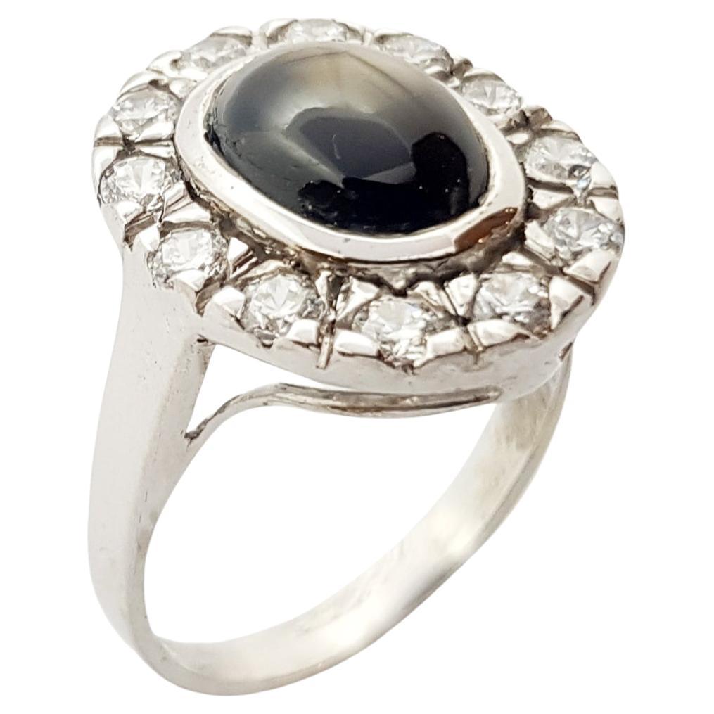 Black Star Sapphire with Cubic Zirconia Ring set in Silver Settings For Sale